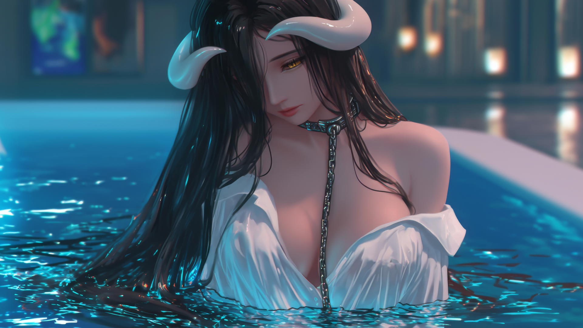 Albedo from Overlord, chained in modern hotel room, warm glow, golden eyes, horns.