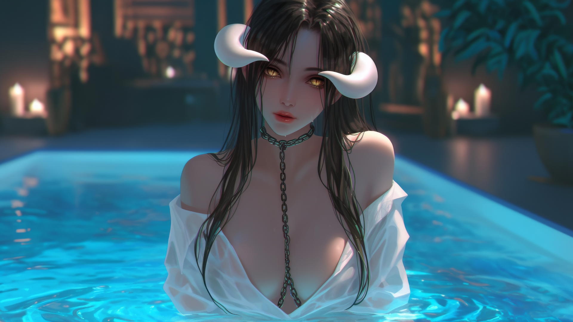 Albedo from Overlord, in white office shirt, chained in modern hotel tub, warm light glow.