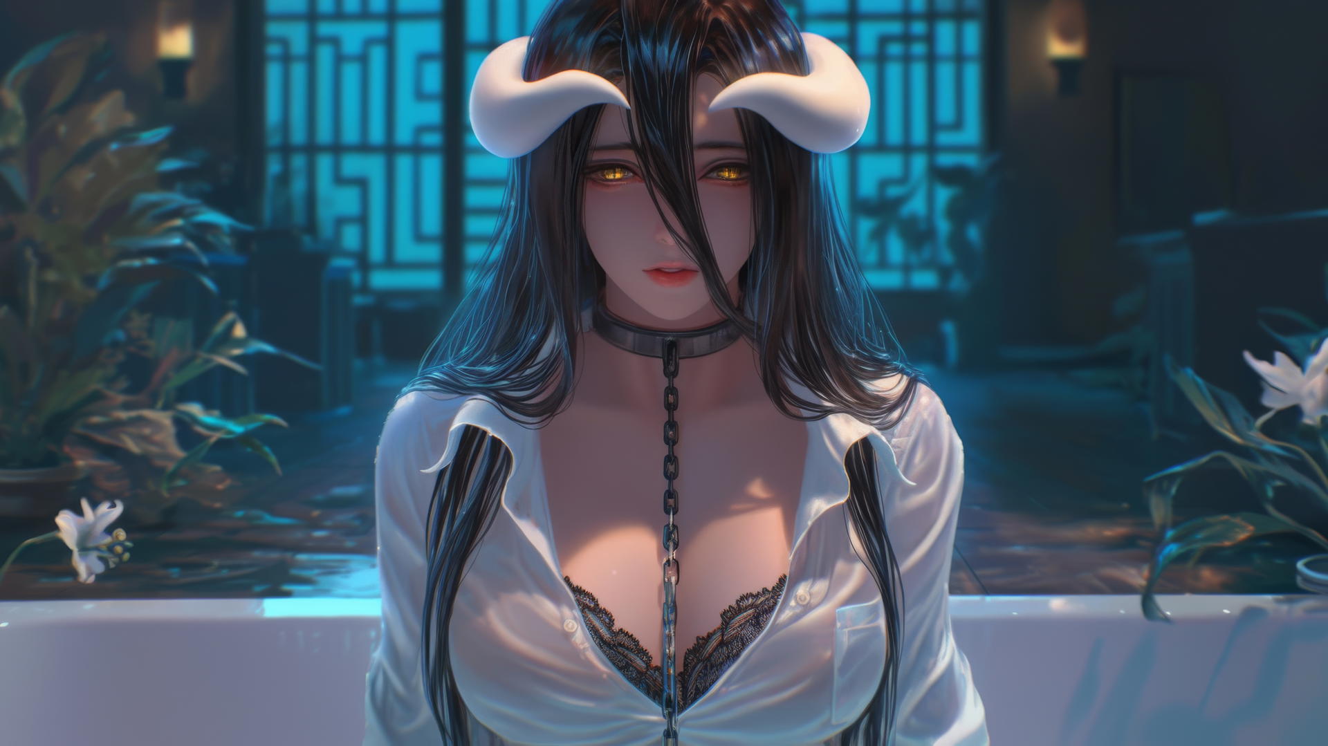 Albedo from Overlord with iron chains, white shirt, in hotel tub, warm light