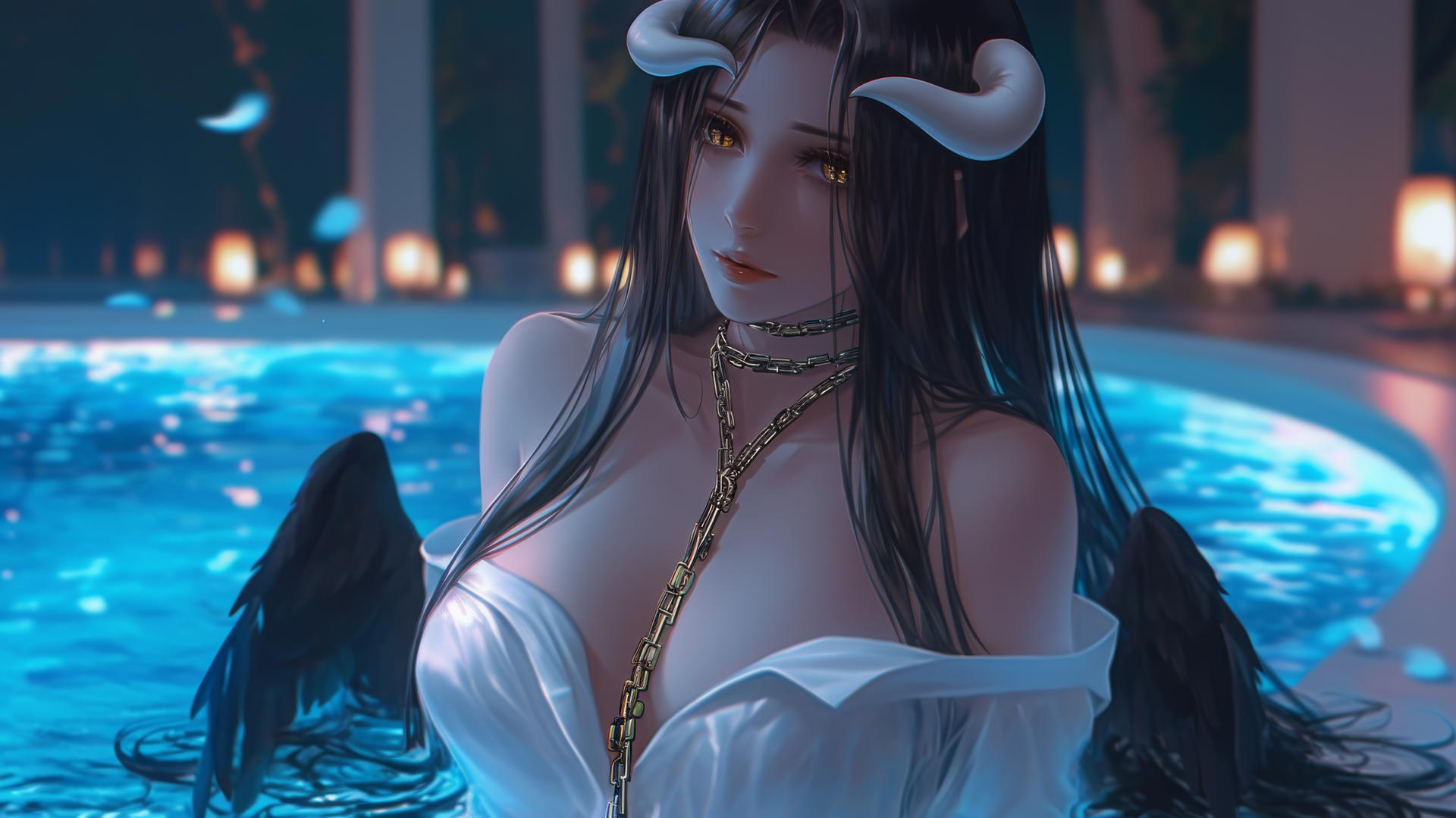 Albedo from Overlord in chains, white shirt, modern hotel room, soft warm light.