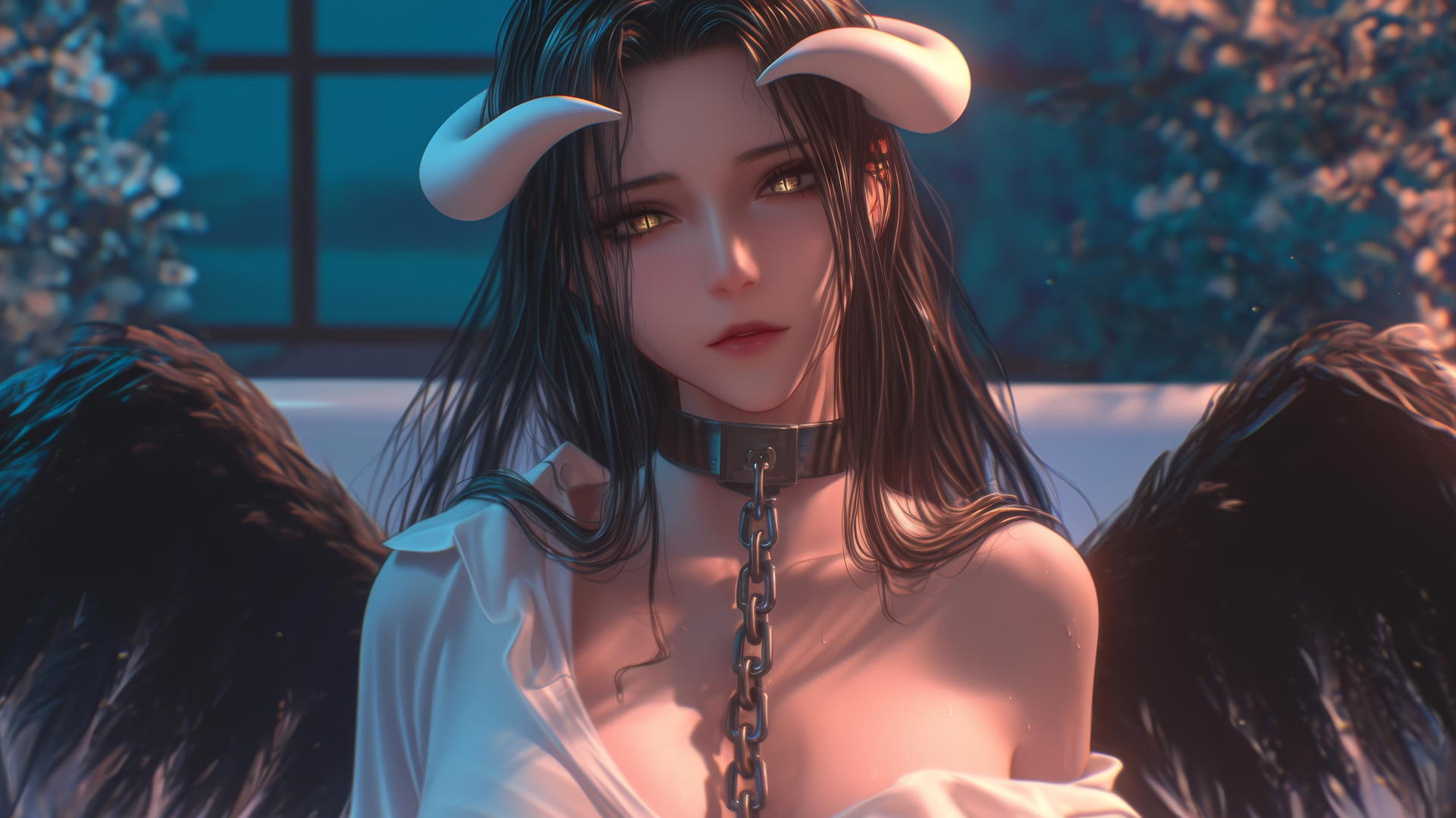 Albedo from Overlord in iron chains, white office shirt, tub in modern hotel, warm light