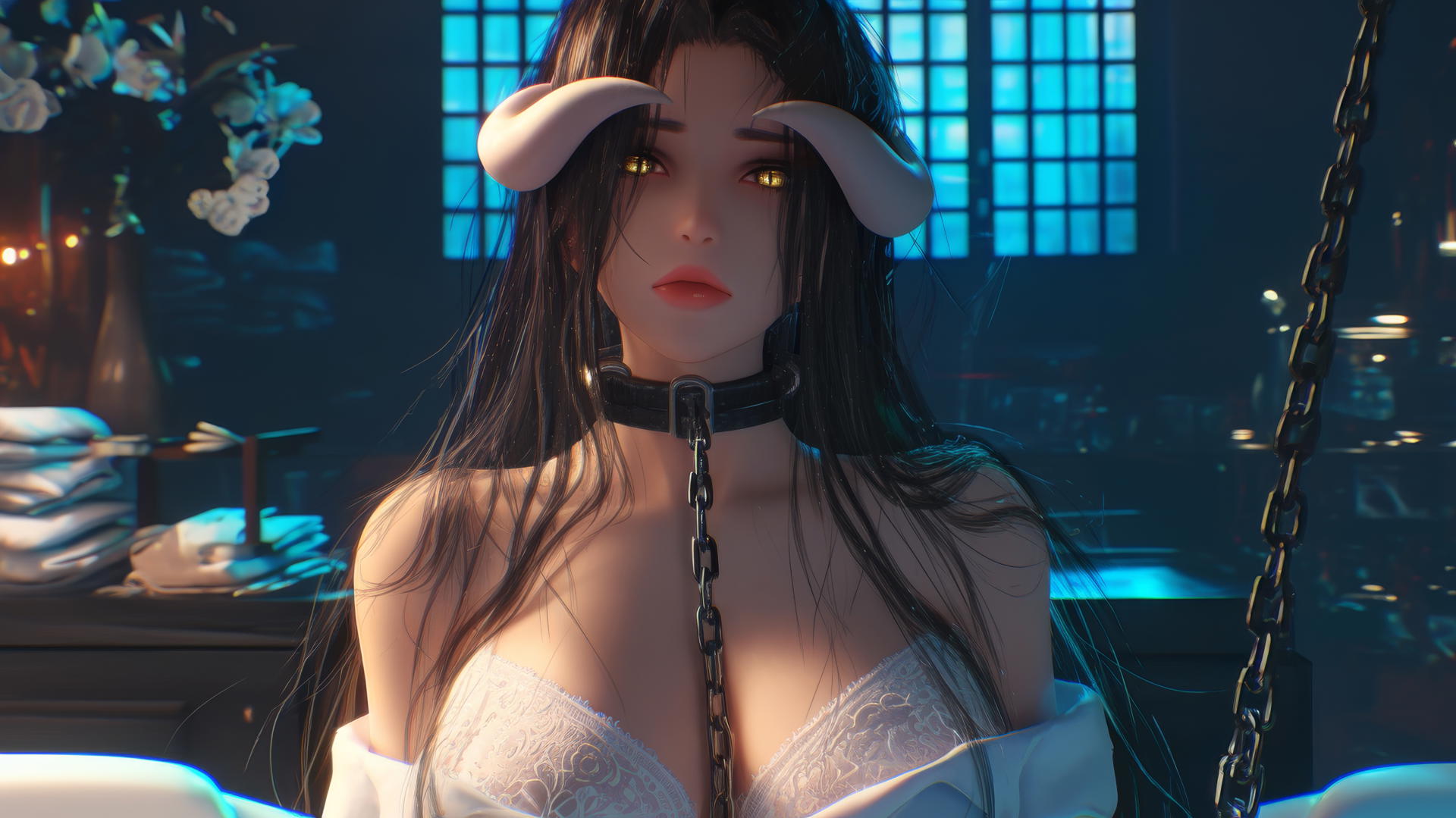 Albedo from Overlord, chained, in a white office shirt, in a warm-lit hotel room.