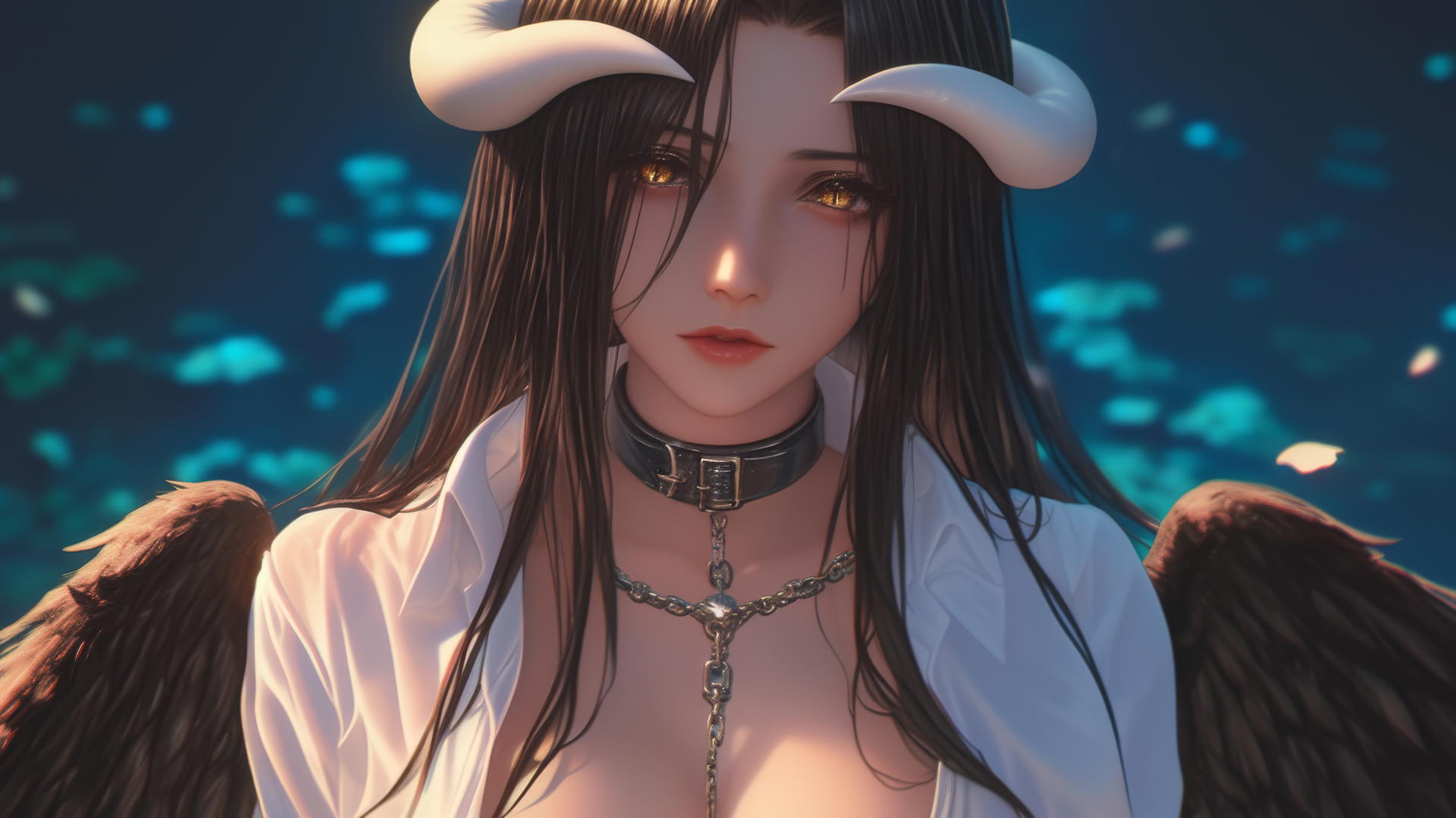 Albedo from Overlord, chained, in a white shirt, in a softly lit modern hotel bathroom.