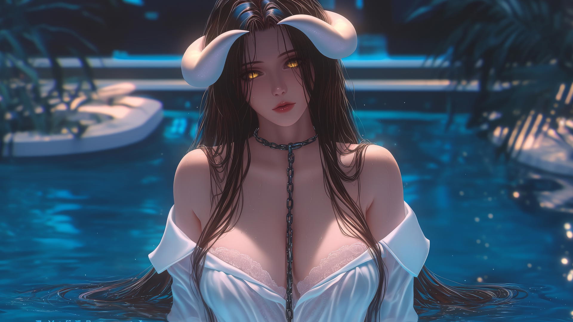 Albedo from Overlord in white office shirt, chained in modern hotel tub with warm lighting, golden irises and horns.