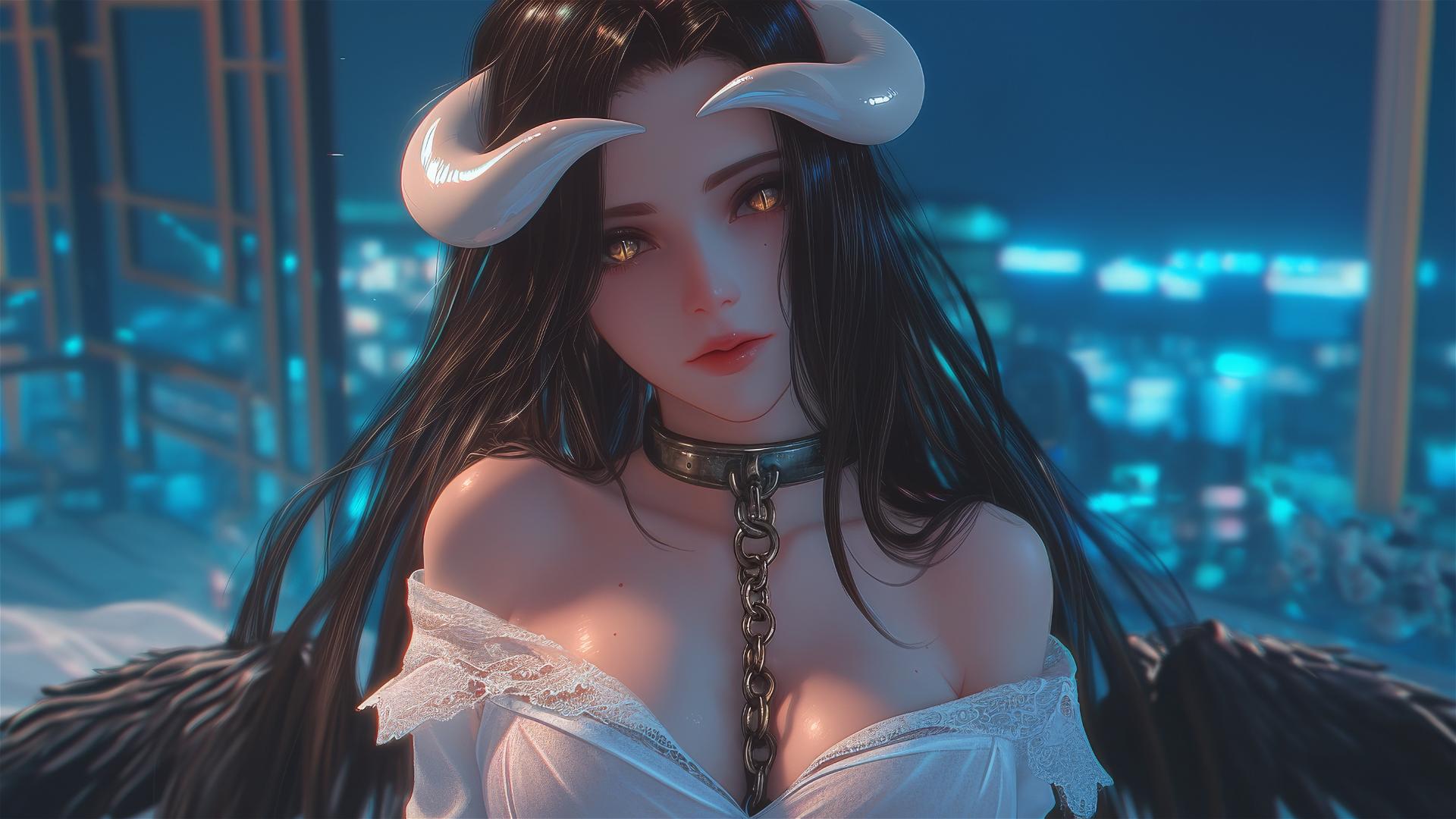 Albedo from Overlord in a modern hotel room, chained, wearing white office shirt.