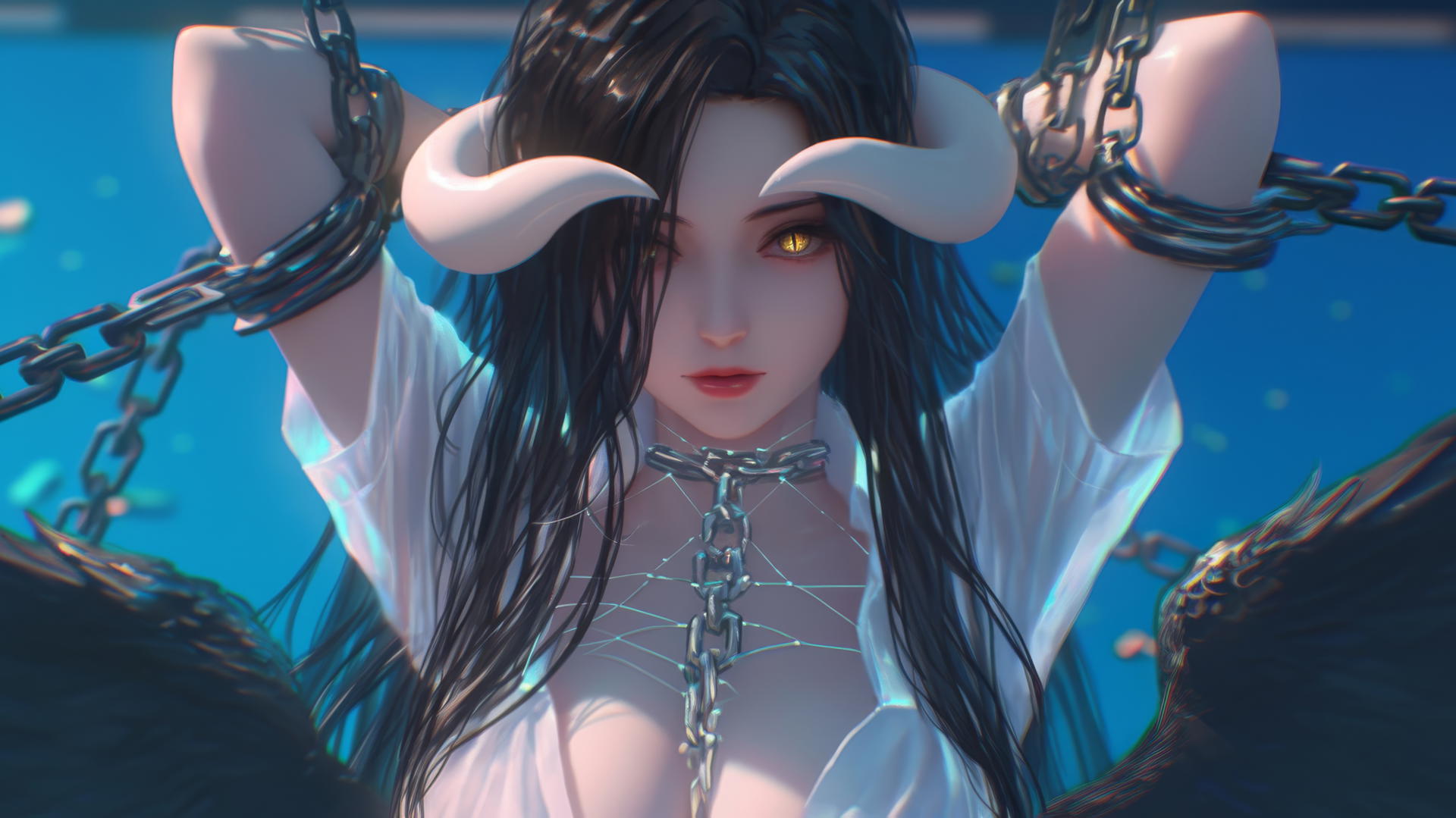 Albedo from Overlord in chains, white shirt, modern hotel room, warm light, golden eyes, crooked horns
