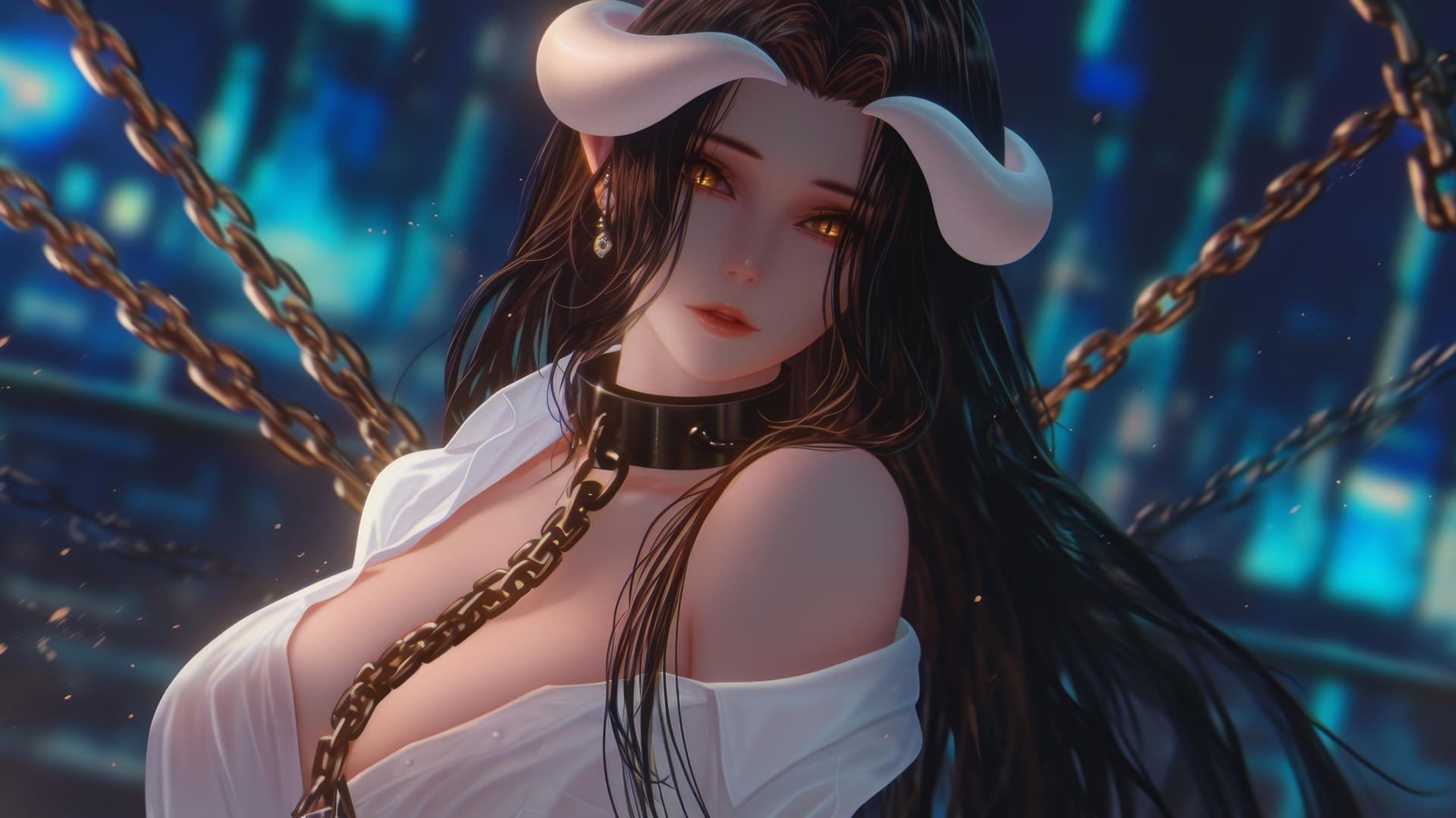 Albedo from Overlord in a modern hotel room, chained, wearing white shirt, golden irises, horns.