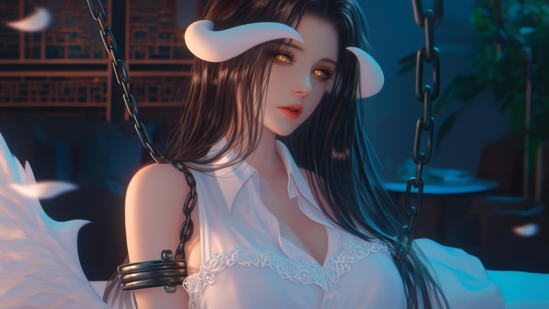 Albedo from Overlord in iron chains, white shirt, modern hotel room, warm light