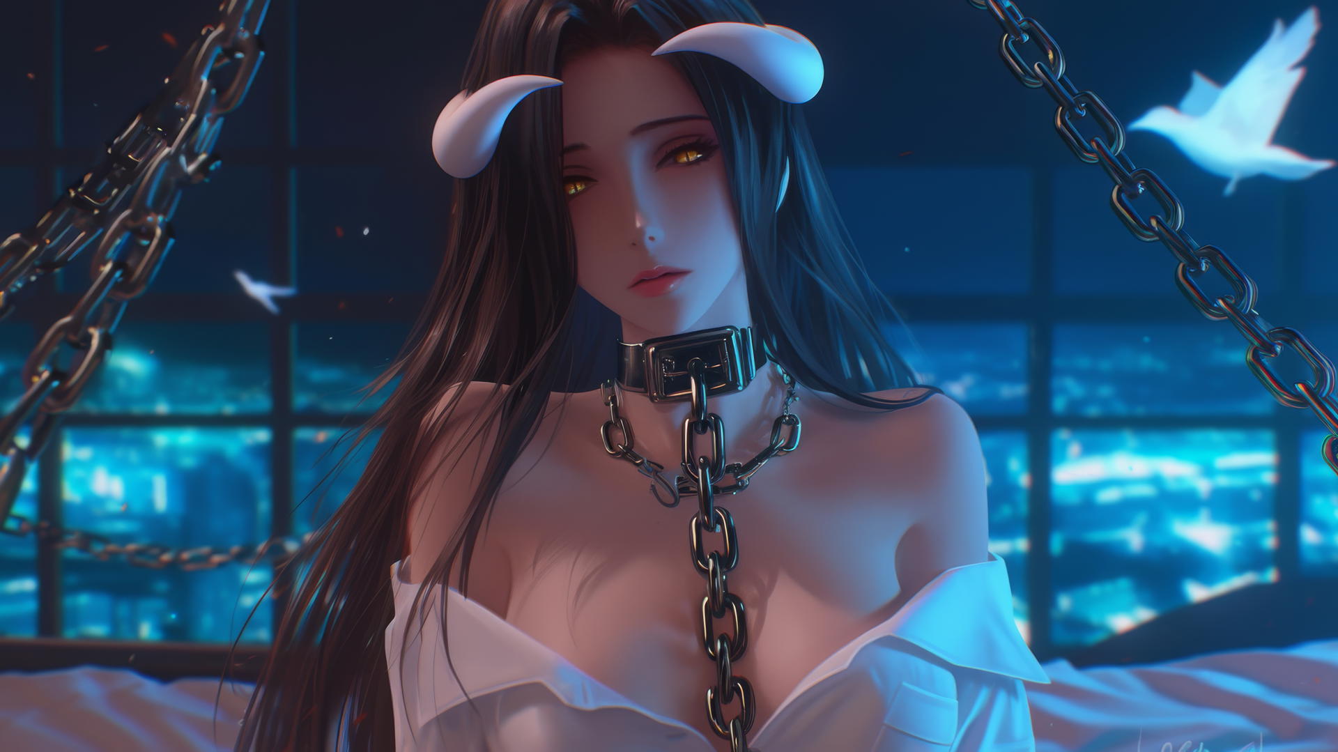 Albedo from Overlord chained, in a white shirt, modern hotel, warm light