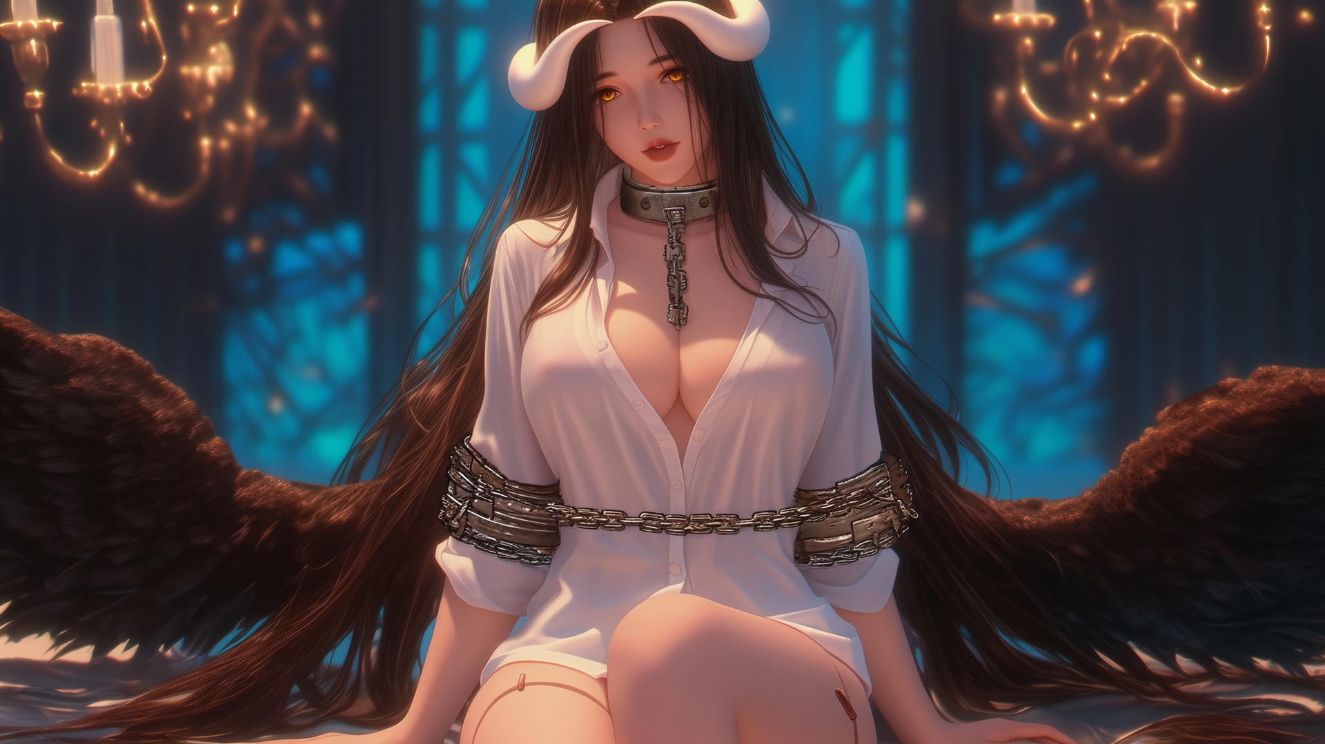 Albedo from Overlord chained, in white office shirt, at a modern hotel room.