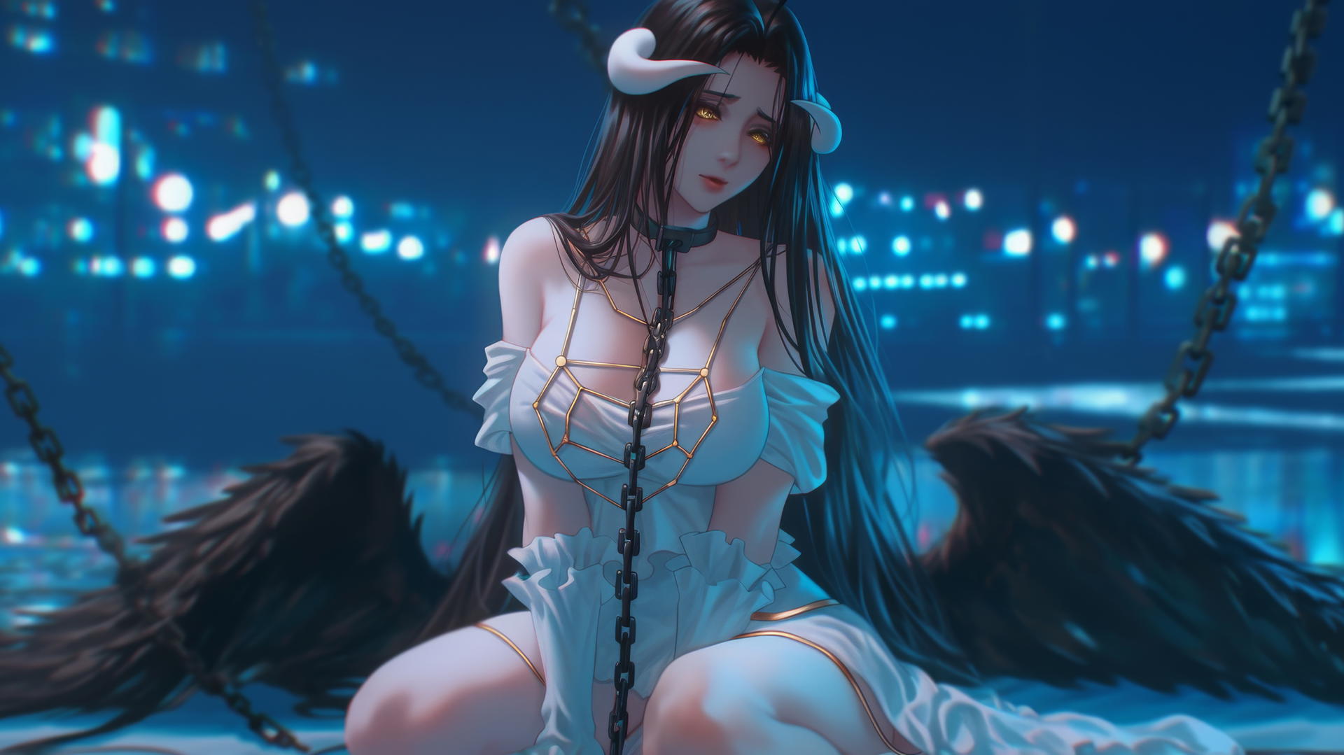 Albedo from Overlord chained in a modern hotel room with warm light on her.