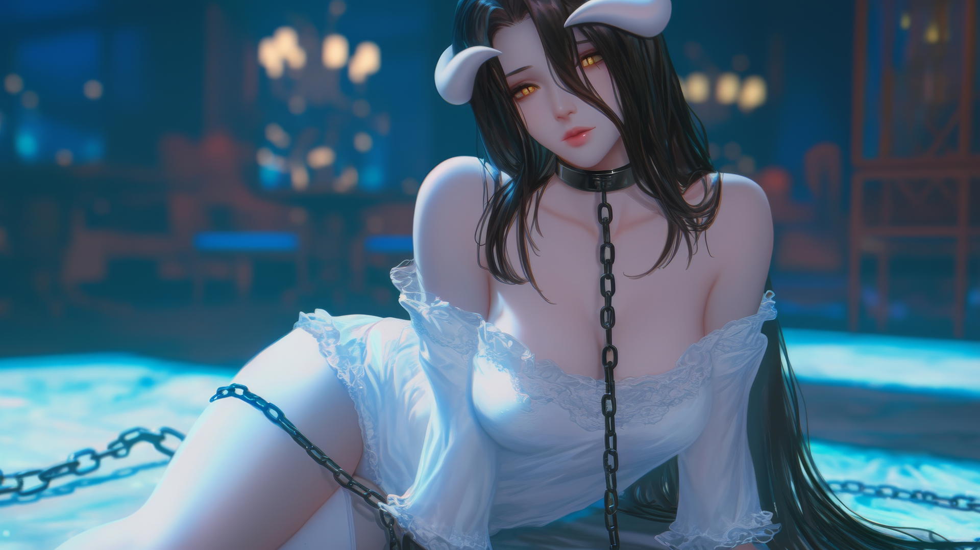 Albedo from Overlord chained in a modern hotel room, warm light, golden irises, horns.