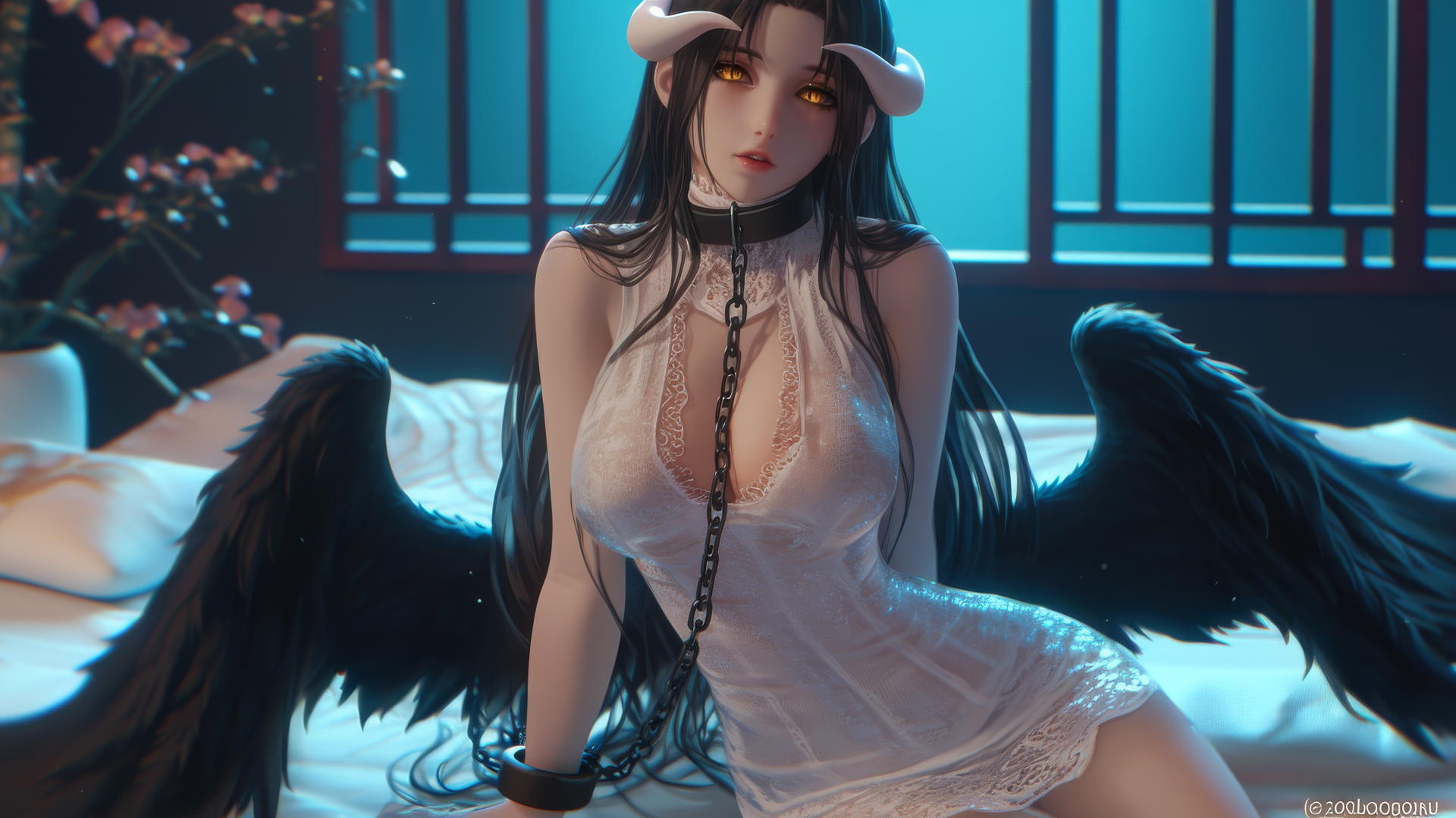 Albedo from Overlord chained, warm light glow, horns and golden split pupils.