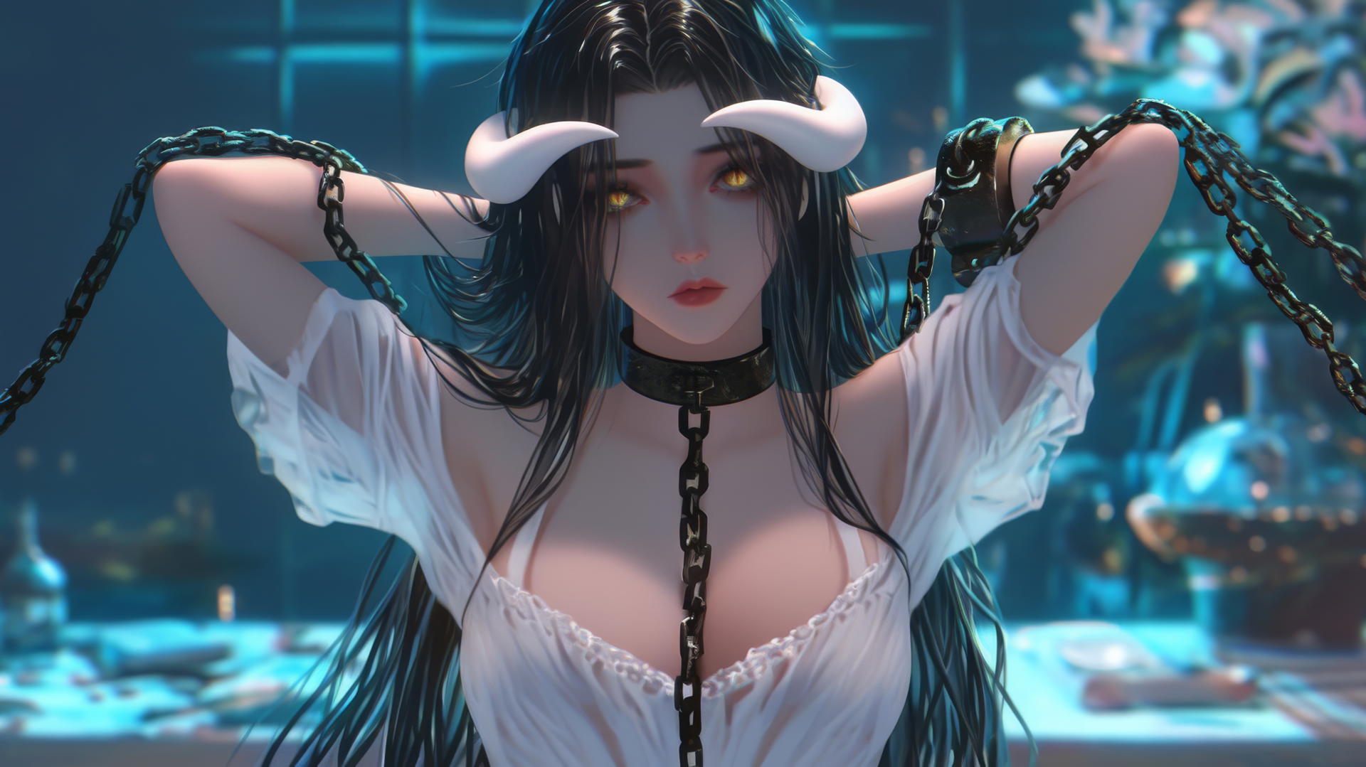 Albedo from Overlord in a modern hotel room, chained, with golden irises and thick horns.