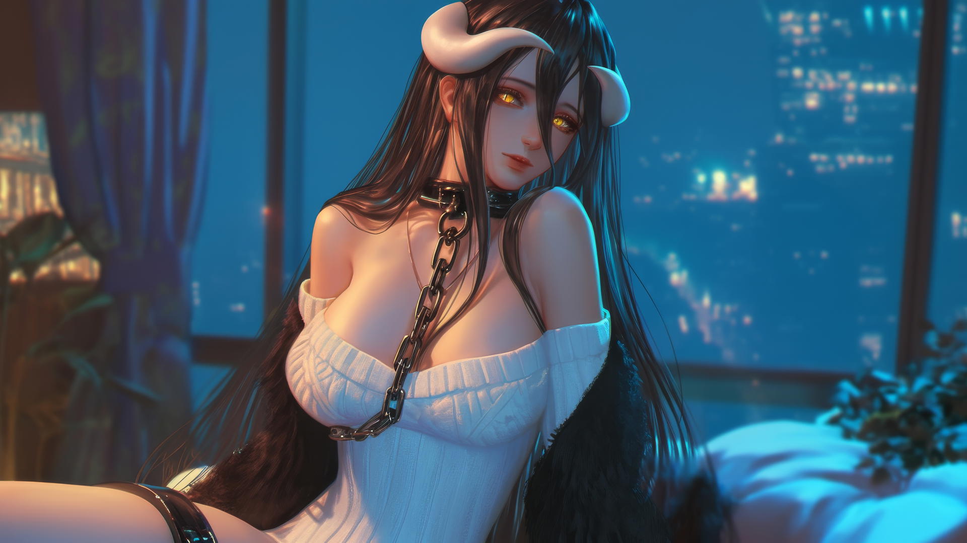 Albedo from Overlord chained in a modern hotel room with warm light highlighting her figure