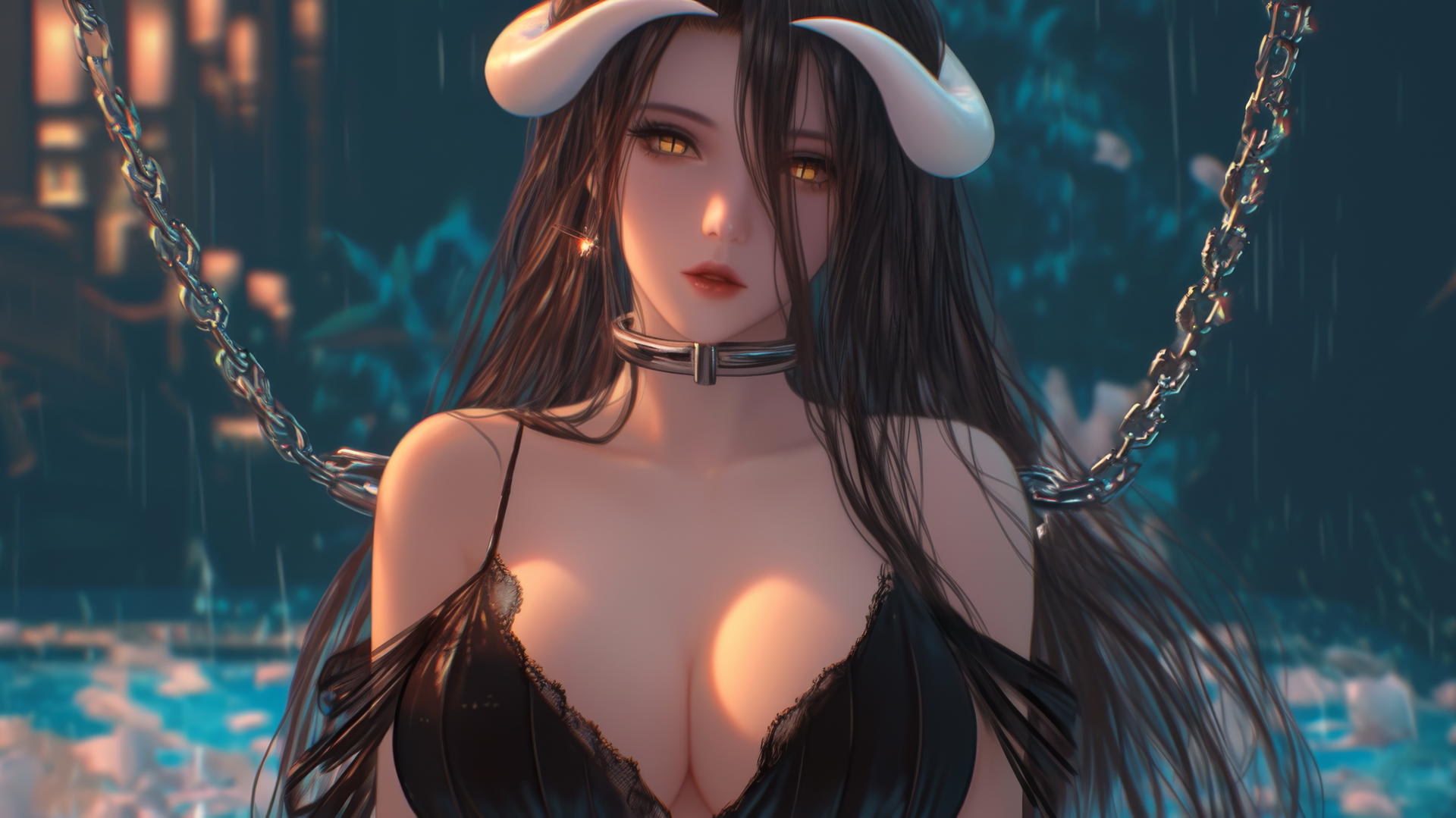 Albedo from Overlord in chains within a modern hotel room, warm light, focus on thighs, golden irises, split pupils, horns.