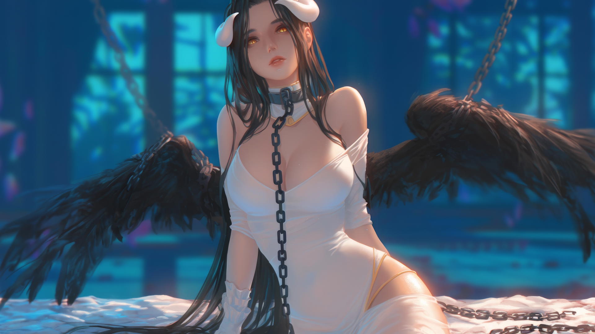Albedo from Overlord locked in chains at a modern hotel room with warm light