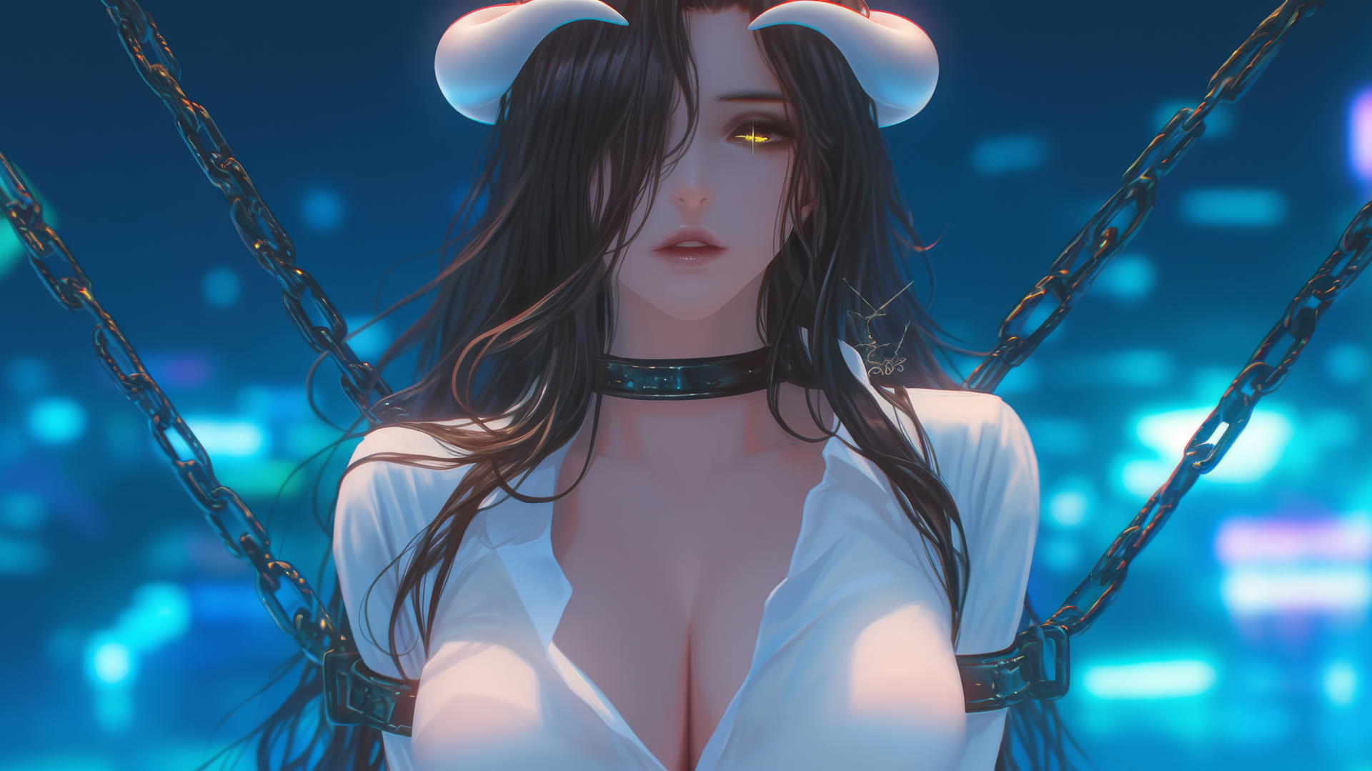 Albedo from Overlord chained in modern hotel room, white shirt, horns, warm light