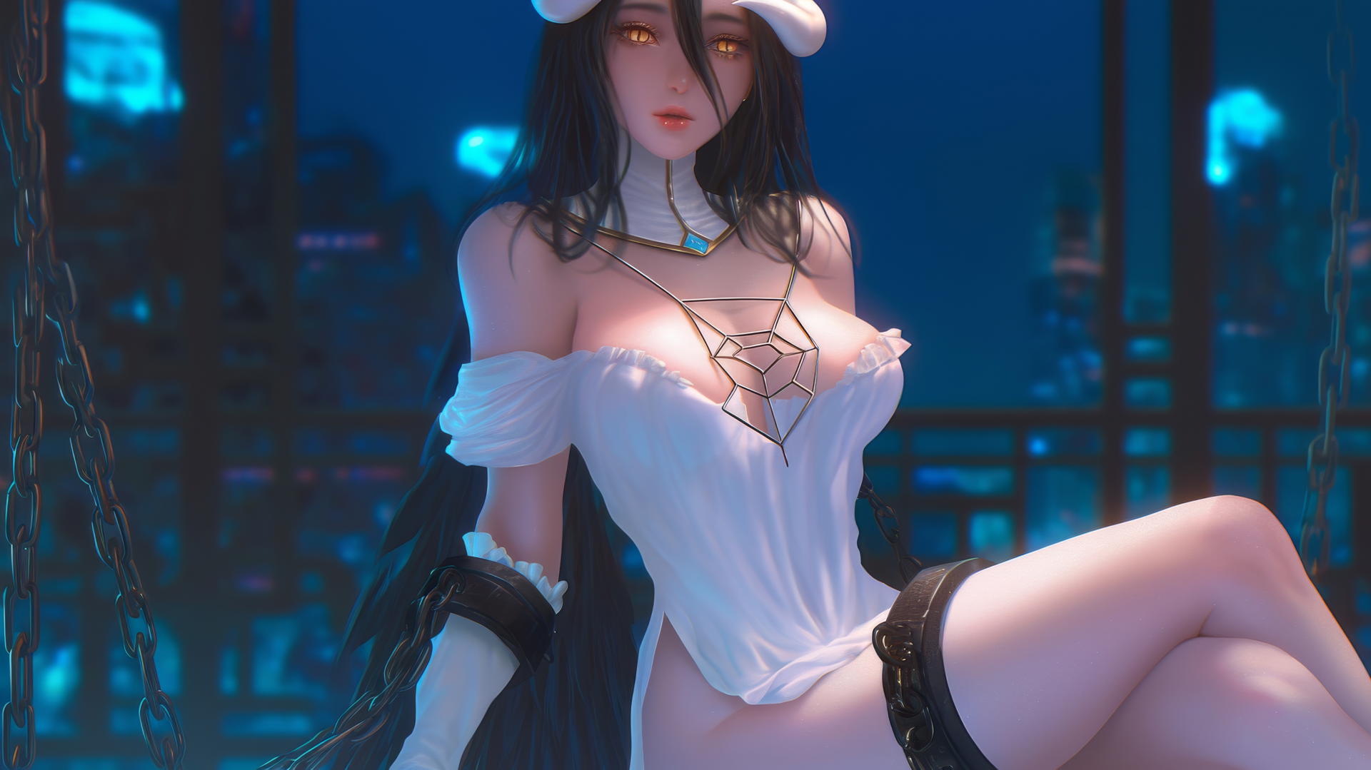 Albedo from Overlord in chains wearing pink in a modern hotel room with warm lighting