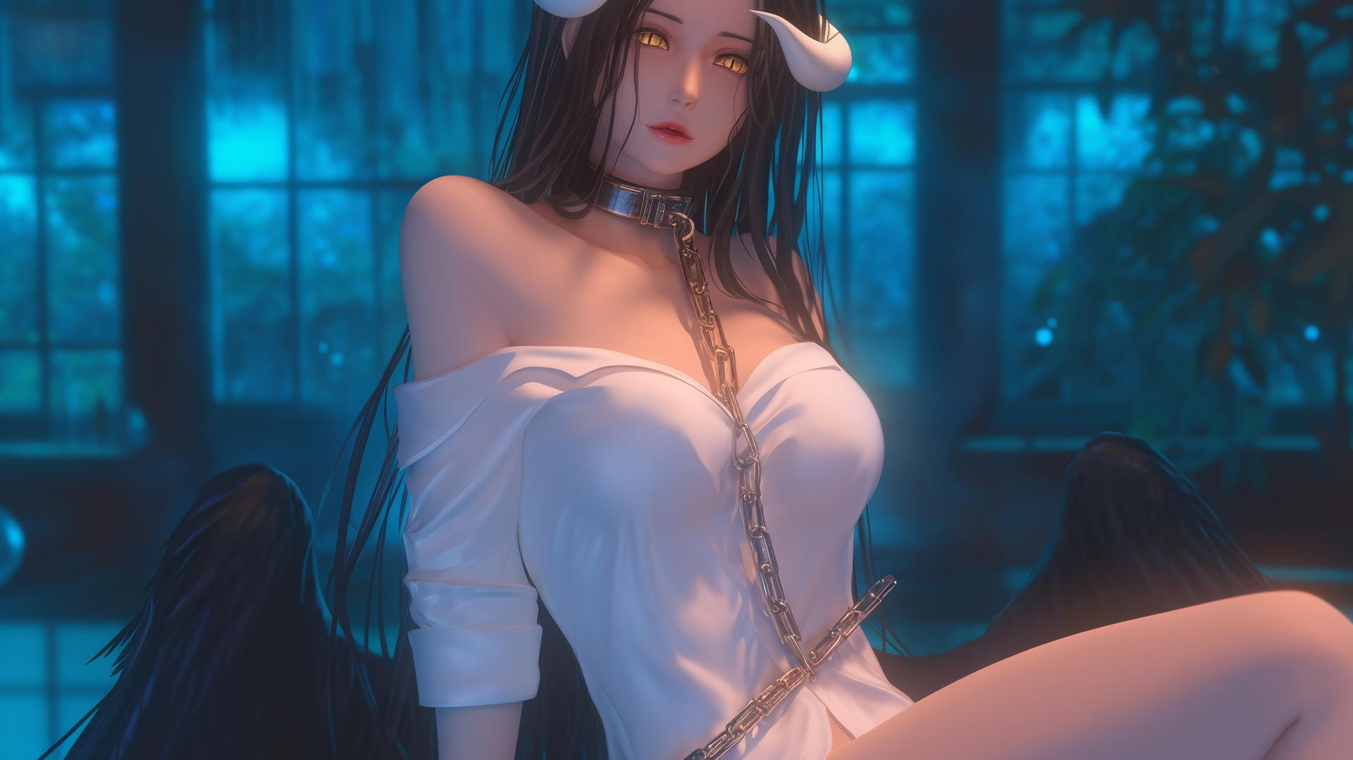 Albedo from Overlord in white office shirt, chained in modern hotel room with warm lighting.