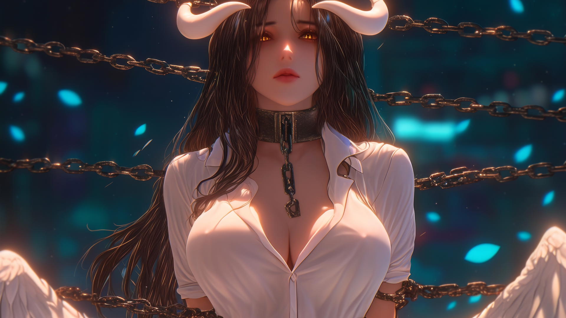 Albedo from Overlord in chains, white shirt, modern hotel room, horns, golden irises.