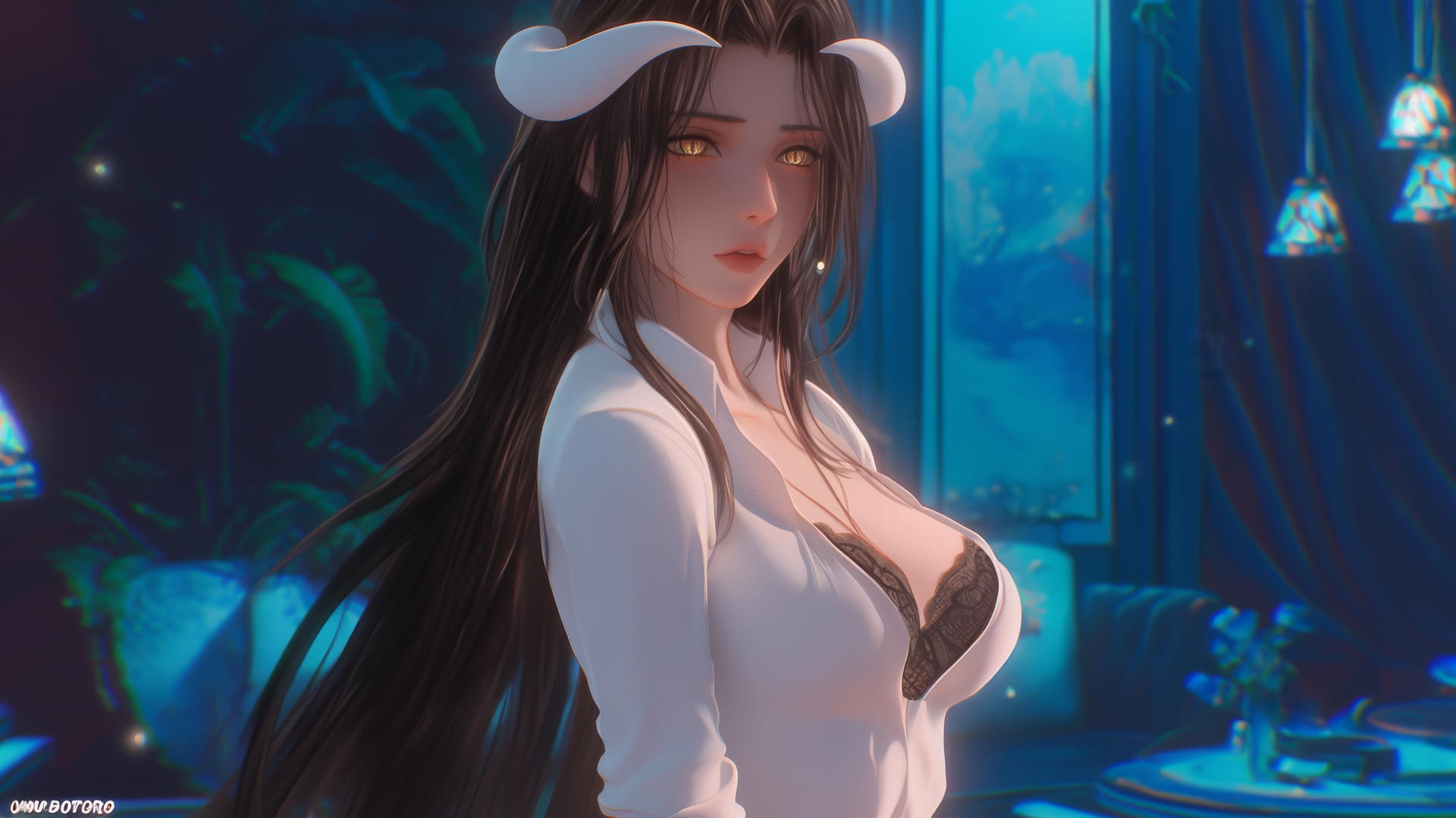 Albedo from Overlord in a white office shirt, chained in a modern hotel room with a warm glow, golden irises, and horns.