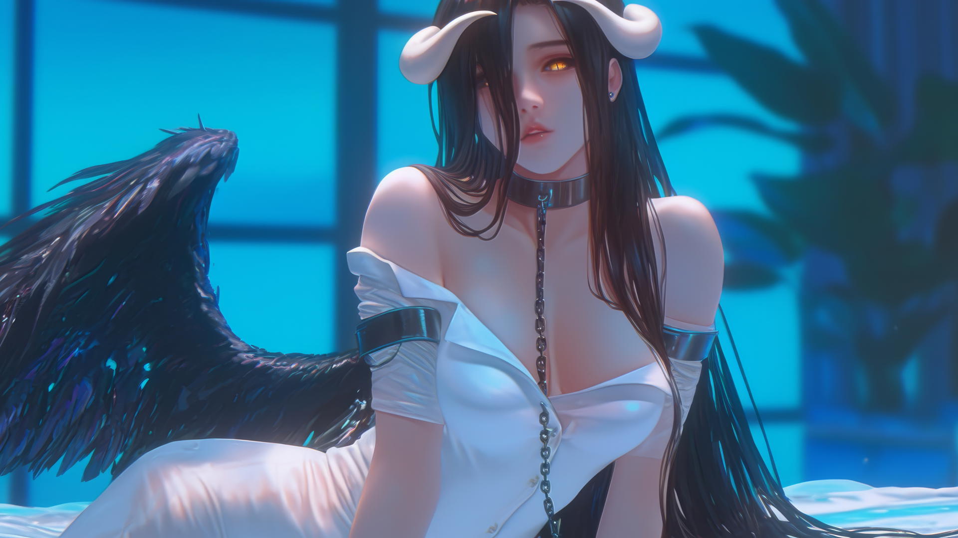 Albedo from Overlord, chained, in white office shirt, glowing warm light