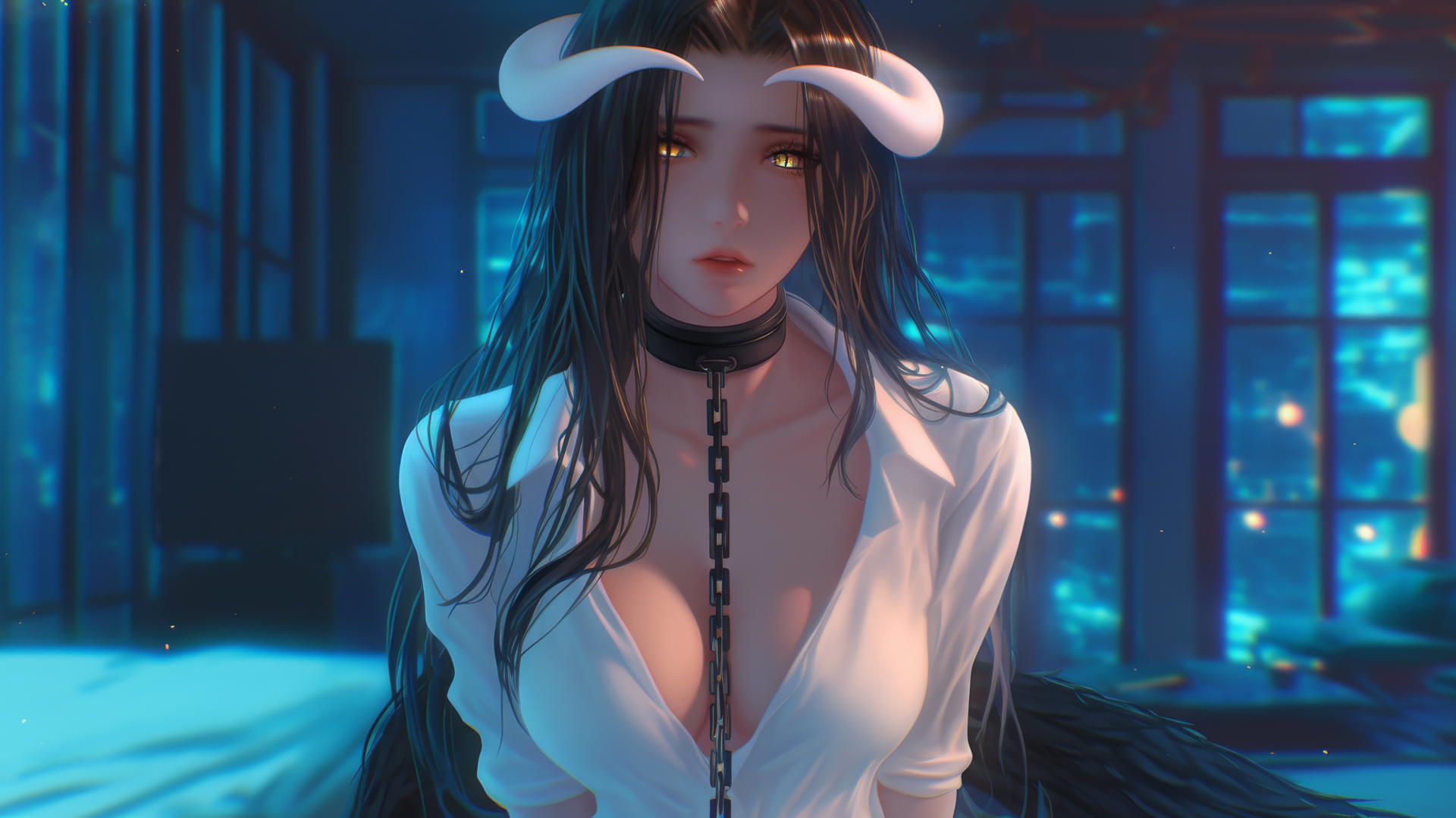 Albedo from Overlord chained in modern hotel, wearing white shirt, glowing softly.