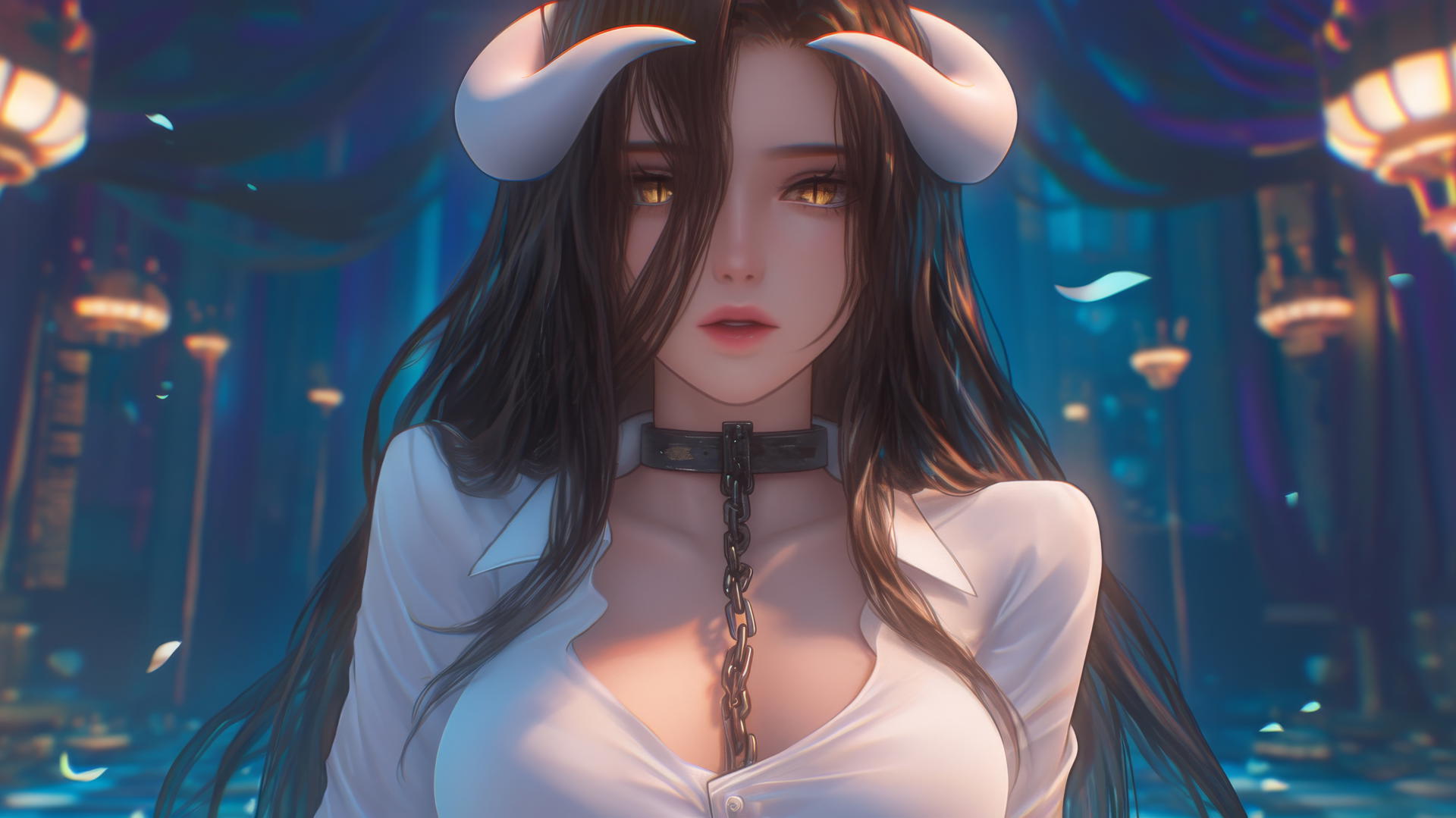 Albedo from Overlord, in a white office shirt, chained in a hotel room