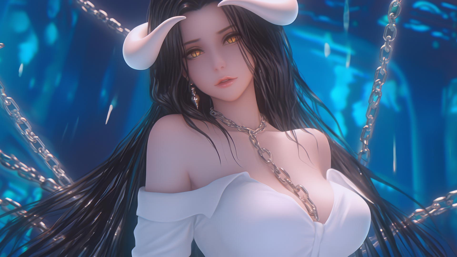 Albedo from Overlord chained in a modern hotel room, in a white shirt, with horns and golden eyes.