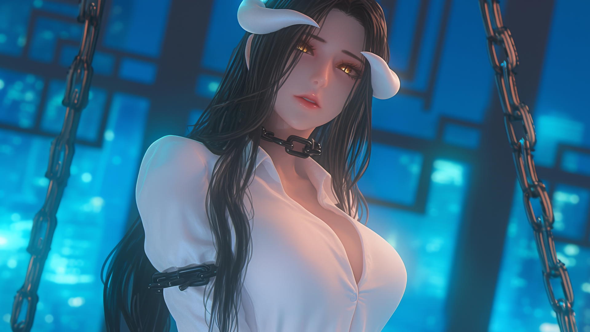 Albedo from Overlord locked in thick iron chains in a modern hotel room.