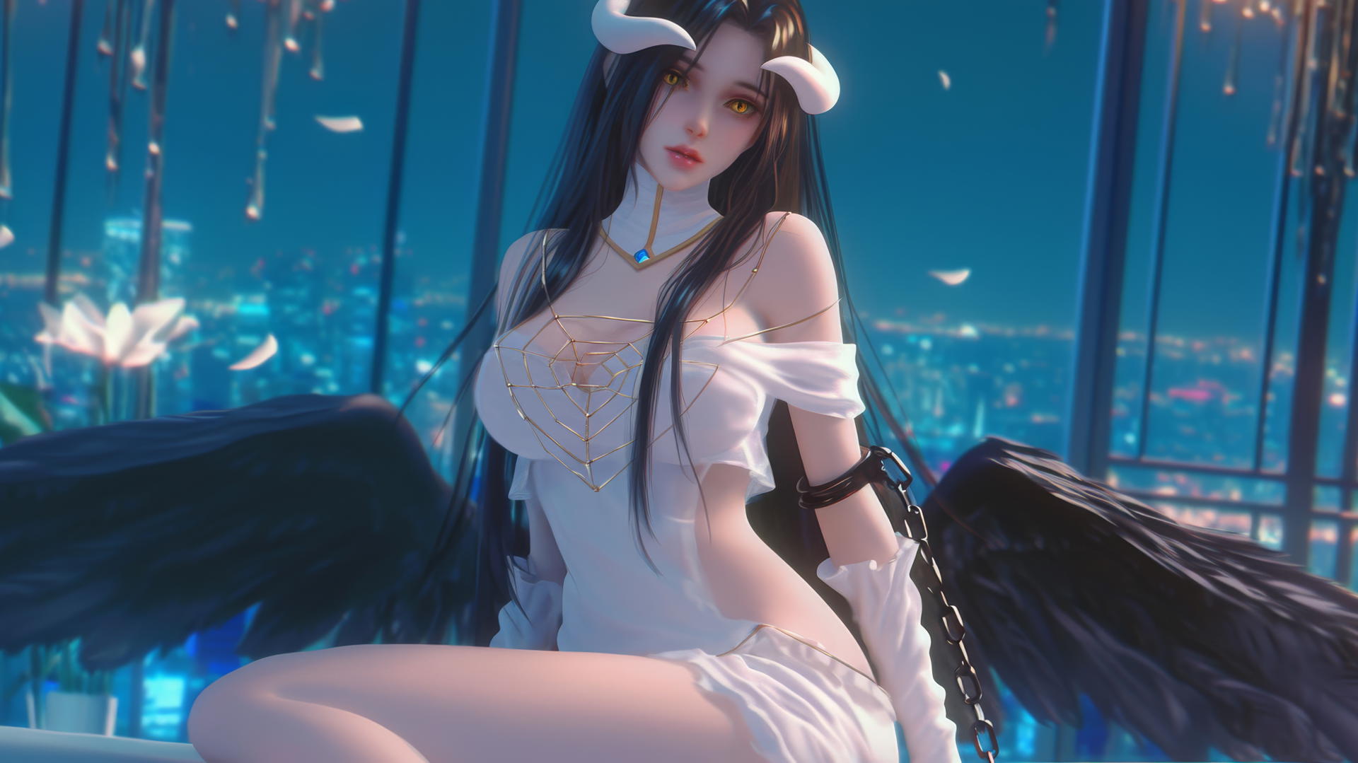 Albedo from Overlord in a modern hotel room, chained, with golden irises and horns