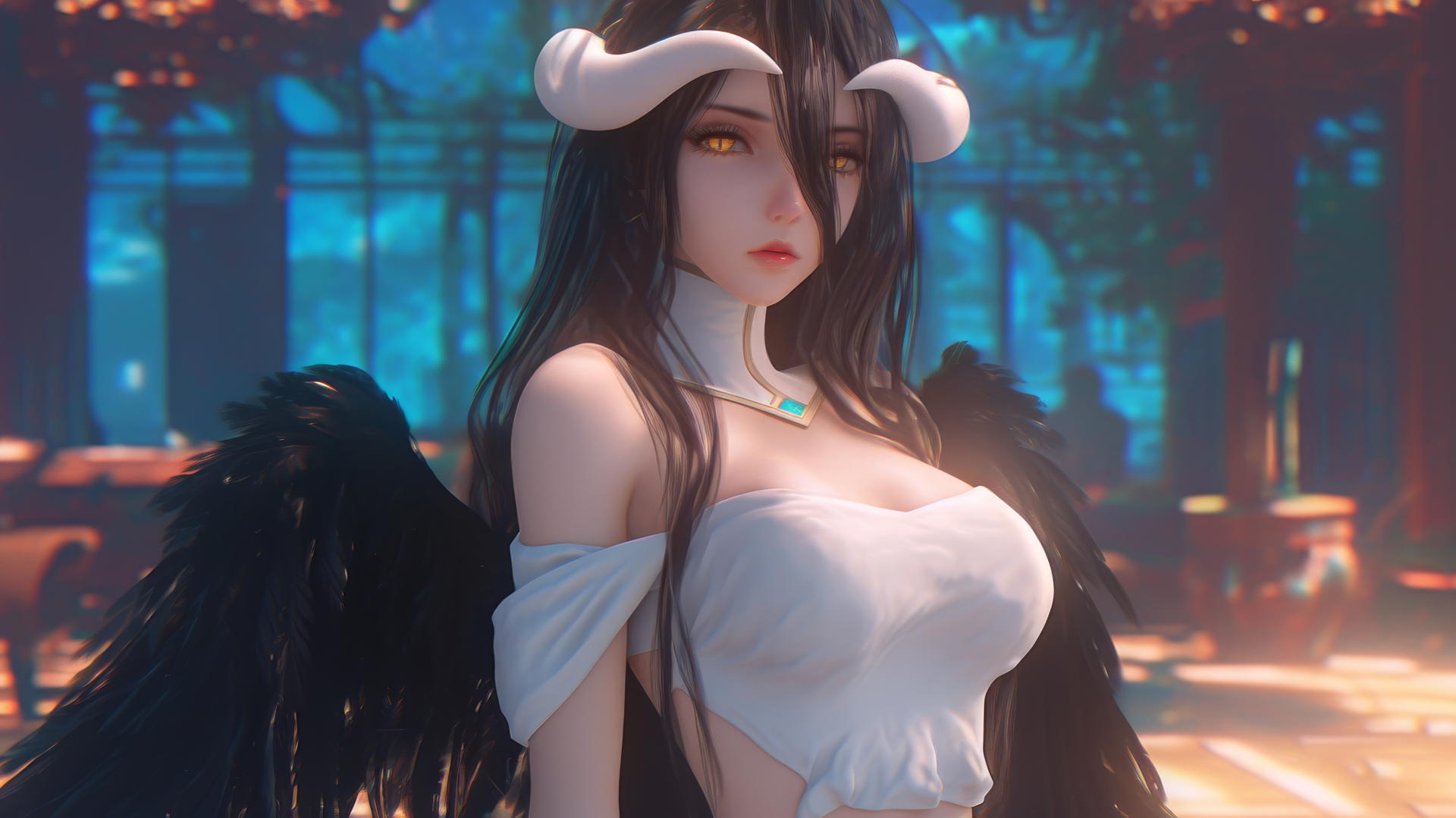 Albedo from Overlord in iron chains, black attire, modern hotel room, warm light.