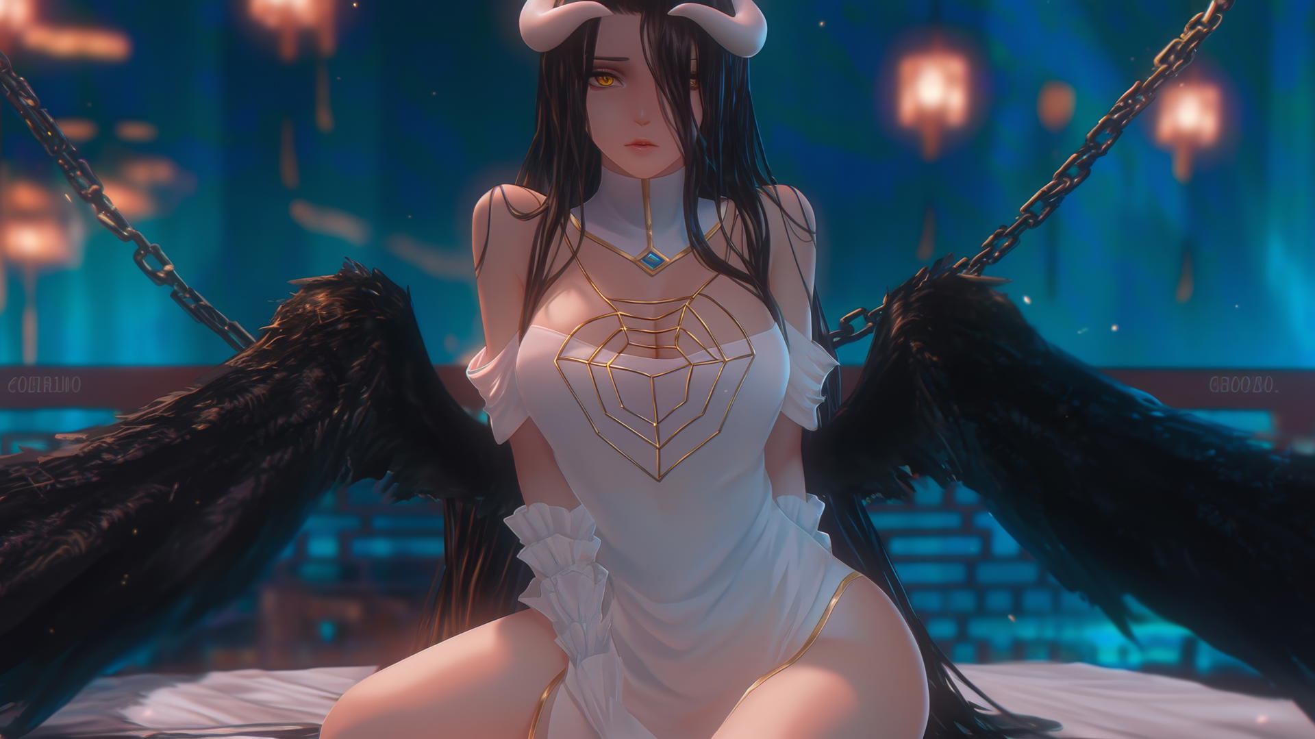 Albedo from Overlord in chains, black attire, modern hotel room, warm light