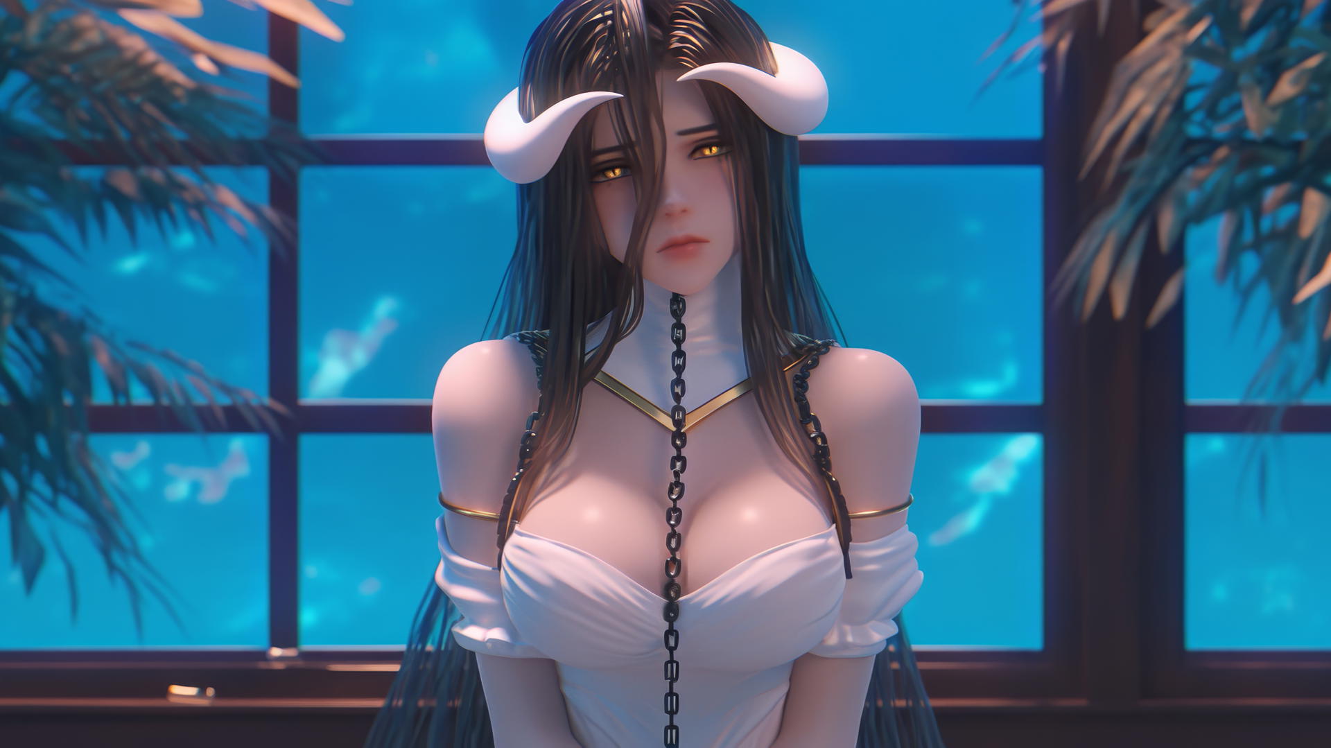 Albedo from Overlord, in chains, golden irises, horns, modern hotel room