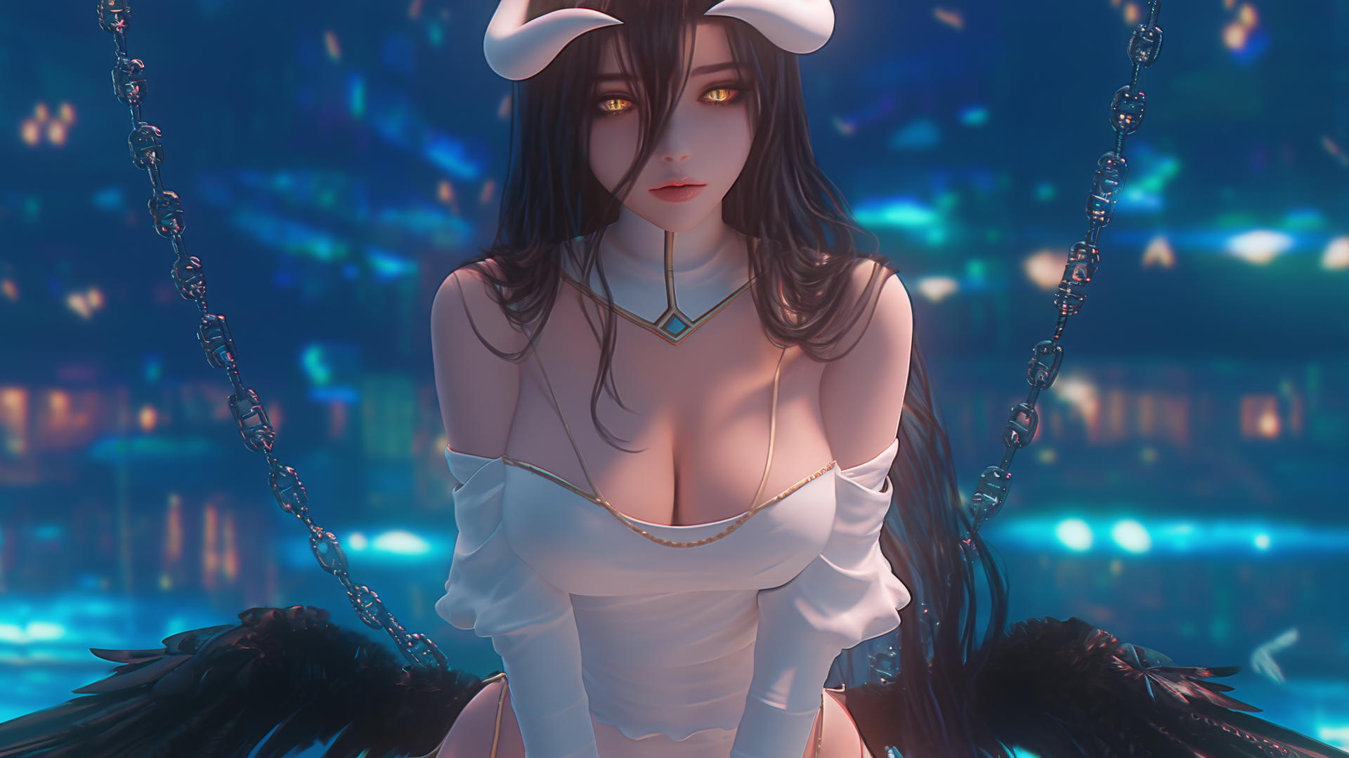 Albedo from Overlord chained in a modern hotel room with soft warm light