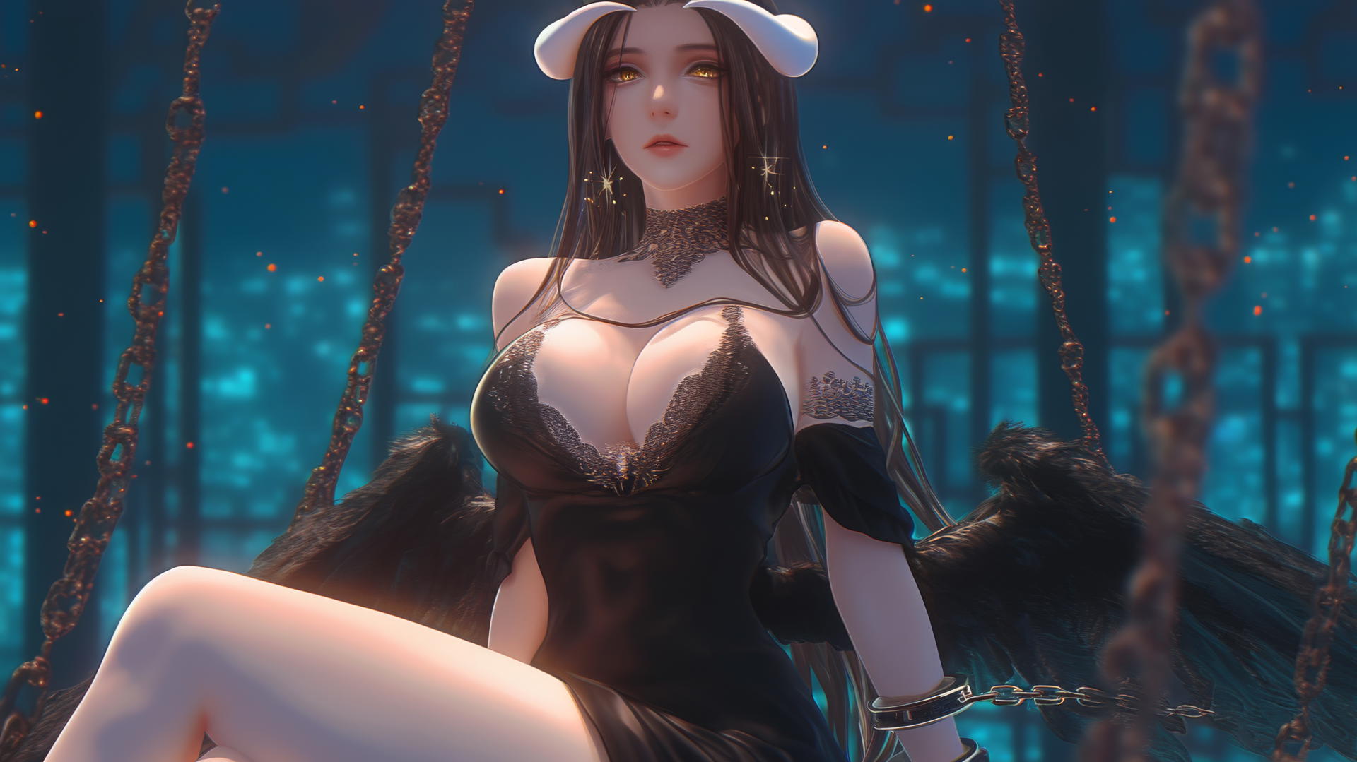 Albedo from Overlord in chains, in a modern hotel room, warm light, golden eyes, horns.