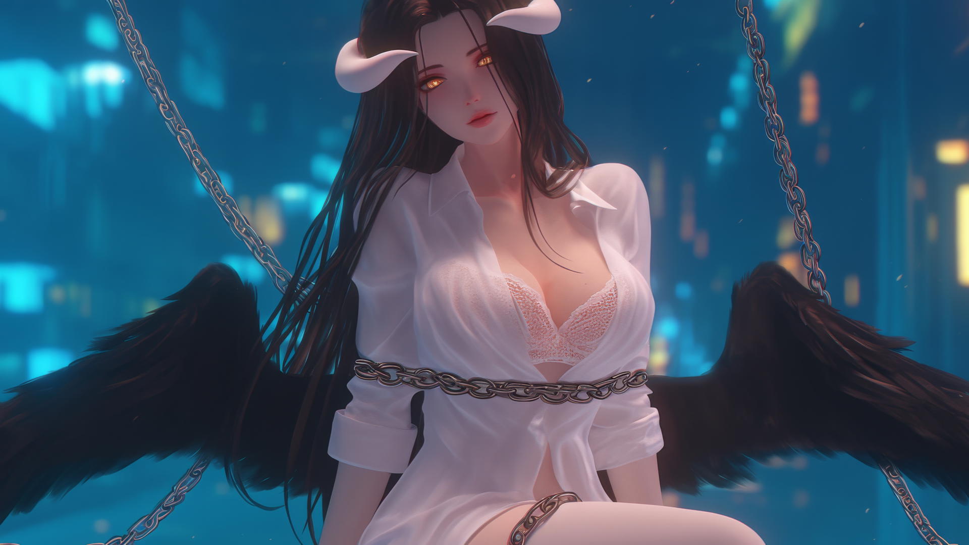 Albedo from Overlord, chained, in white shirt, hotel room, warm glow