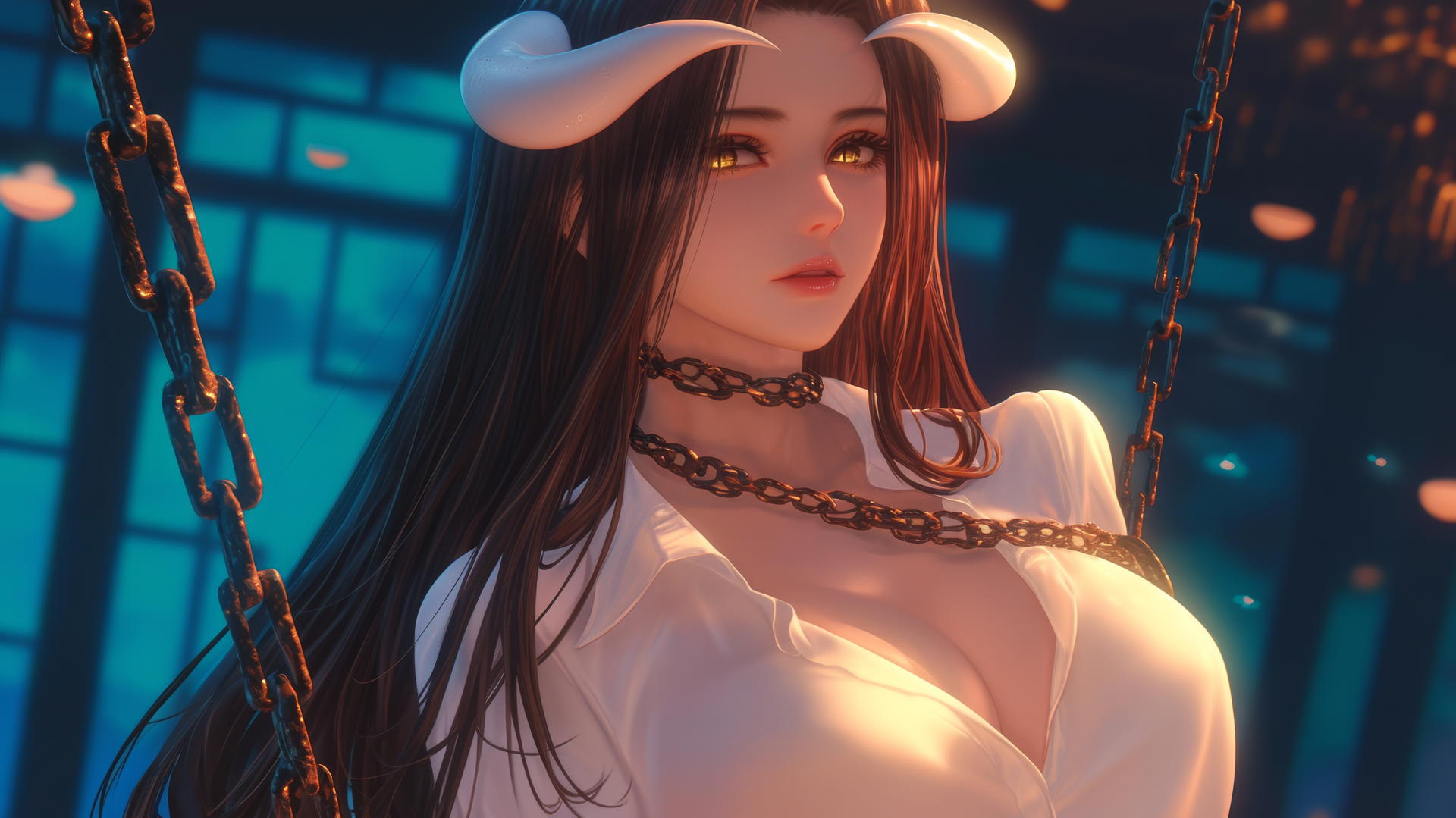 Albedo from Overlord chained in a modern hotel room, warm light, white office shirt.