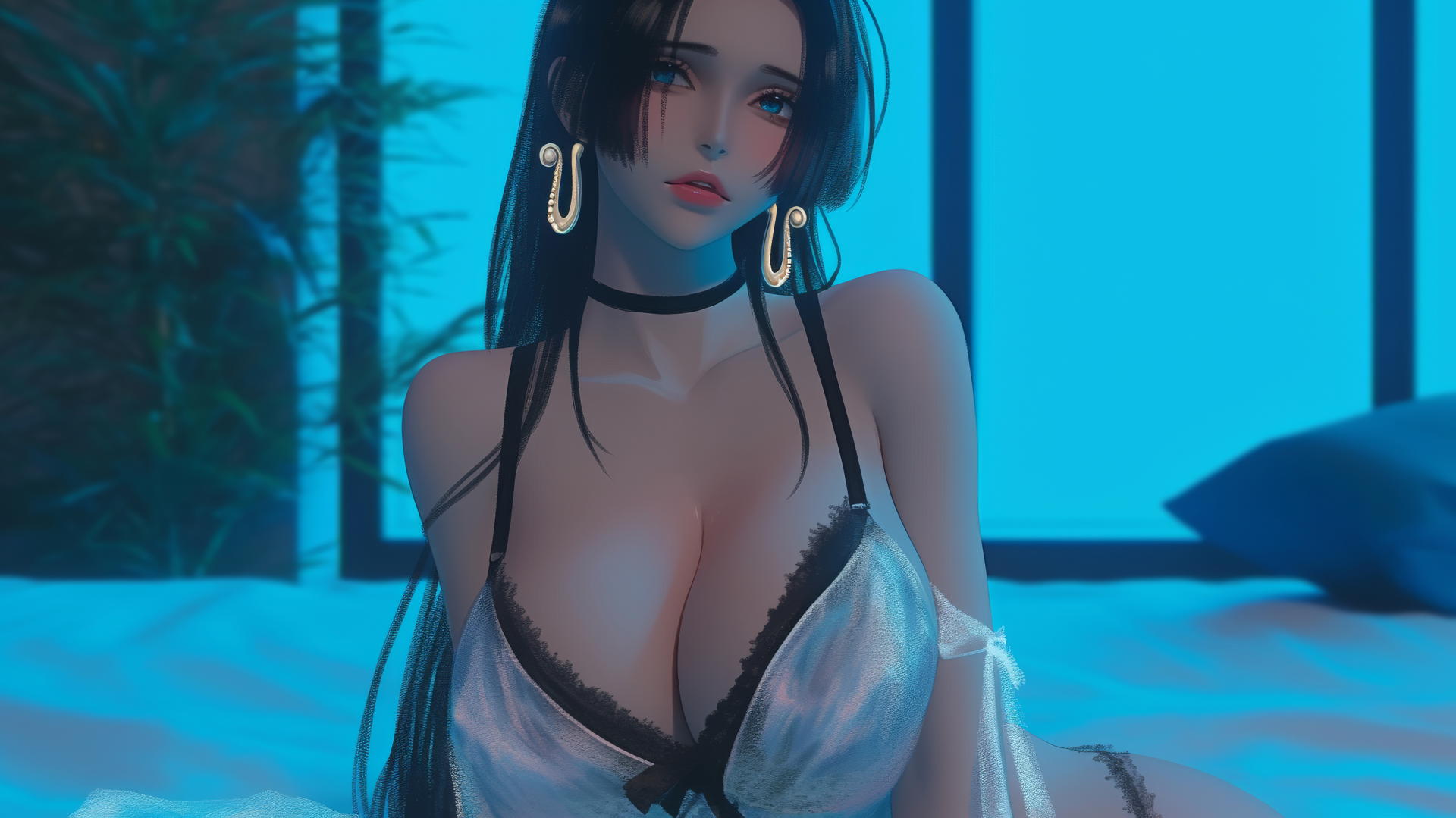 Boa Hancock resting in a modern hotel room with neon light glow.