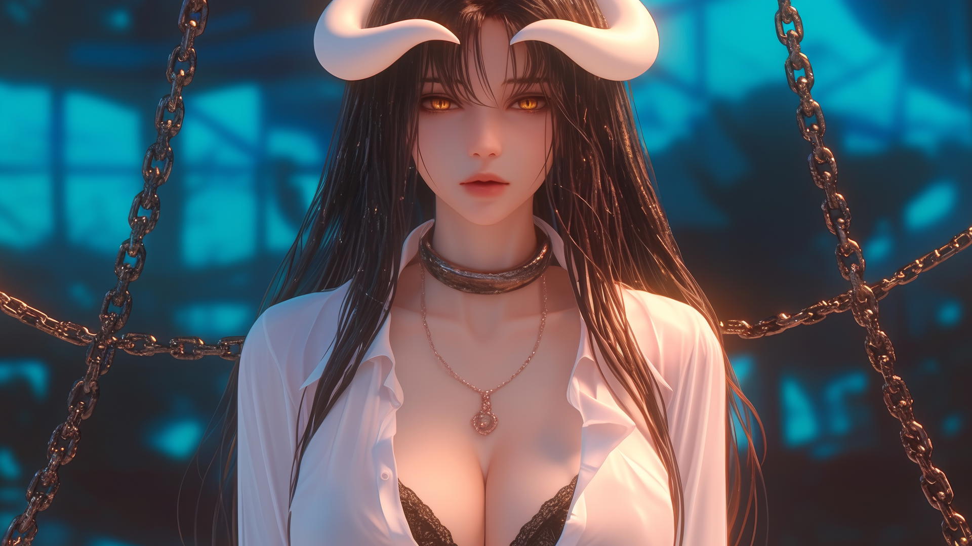 Albedo from Overlord, chained, white office shirt, modern hotel room.