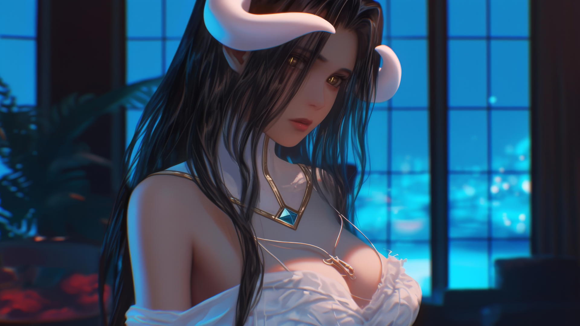 Albedo from Overlord in a modern hotel room with warm light, golden irises, split pupils, and thick horns.