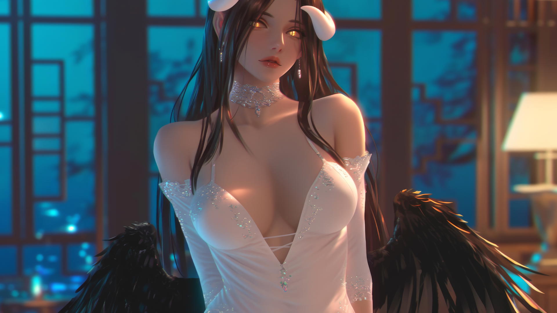 Albedo from Overlord in a modern hotel room with warm light and golden irises.