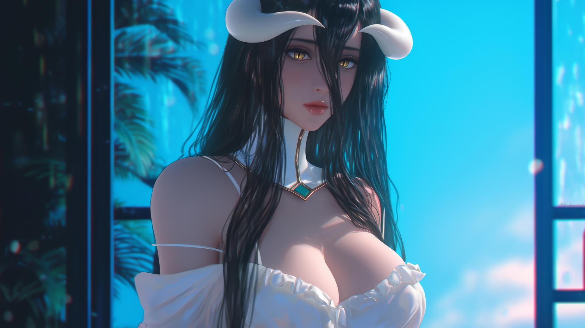 Albedo from Overlord in a modern hotel room with warm light, golden irises, and horns.