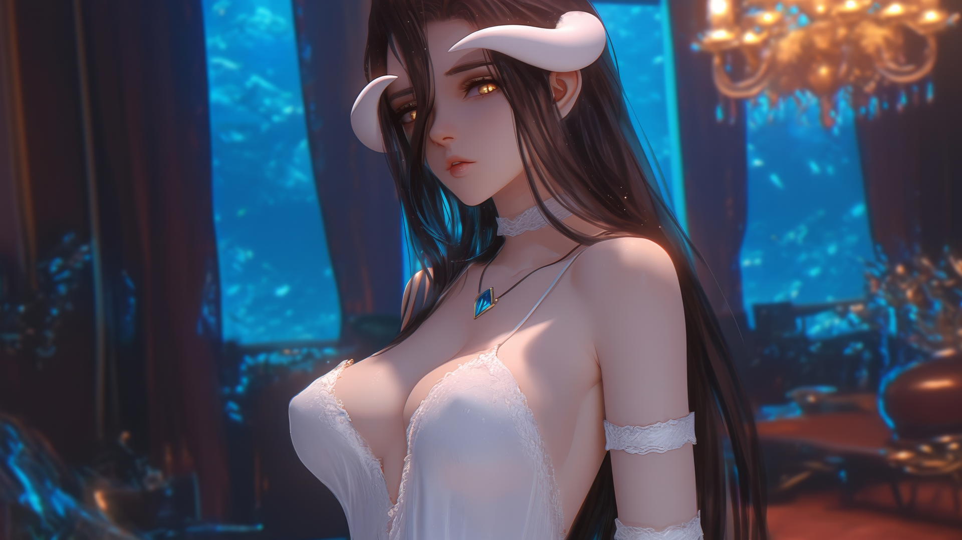 Albedo from Overlord in a modern hotel room with warm light