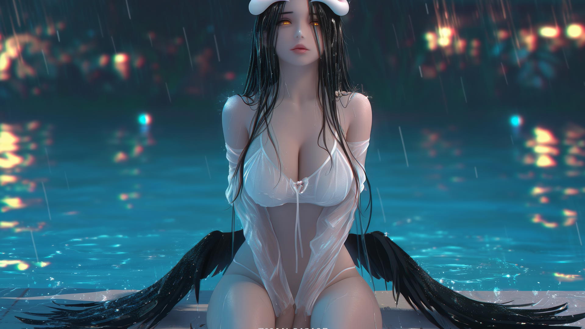 Albedo from Overlord at a rainy swimming pool, glowing in warm light