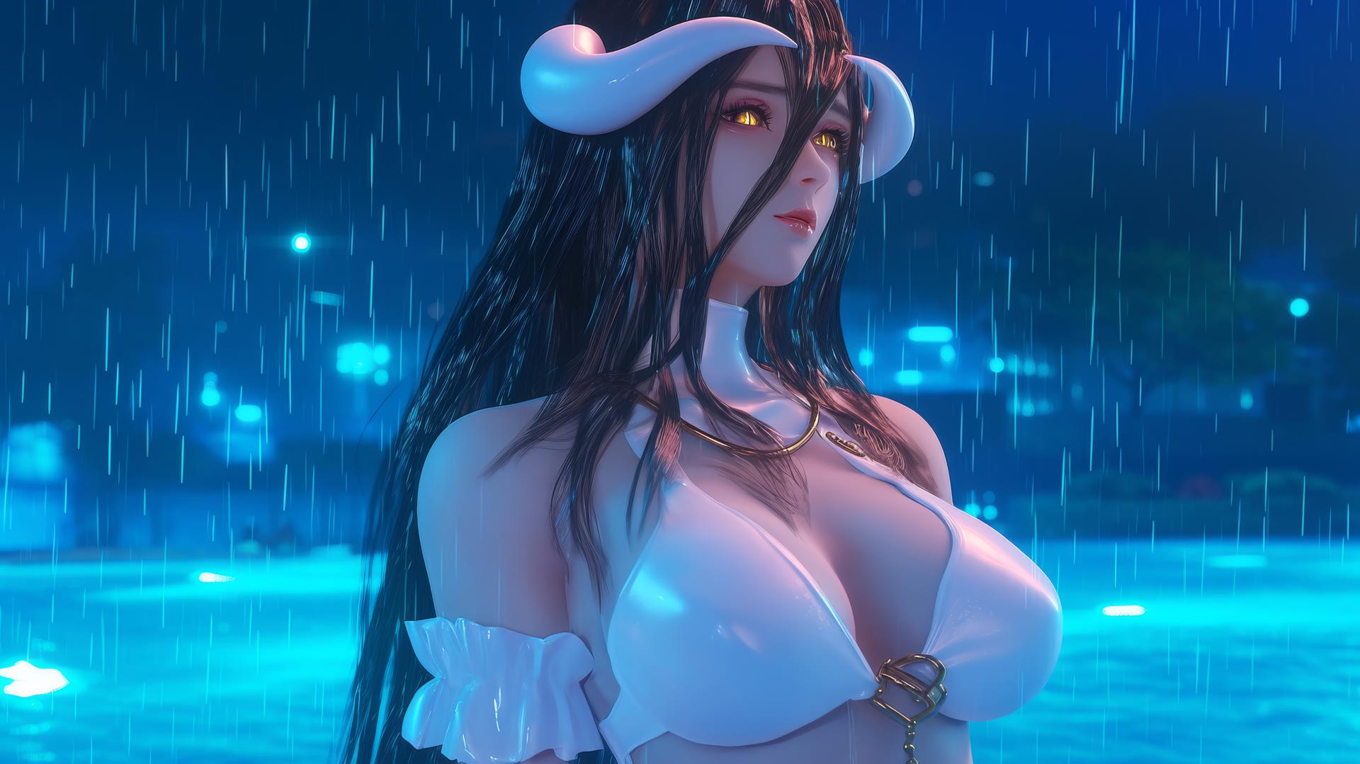 Albedo from Overlord at a rainy swimming pool with soft warm light, golden irises, and horns.