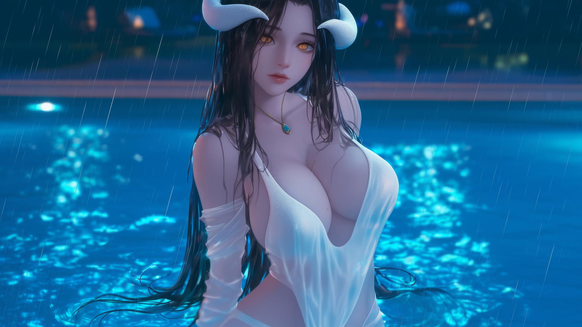 Albedo from Overlord at a rainy swimming pool with warm light, golden irises, and thick horns.