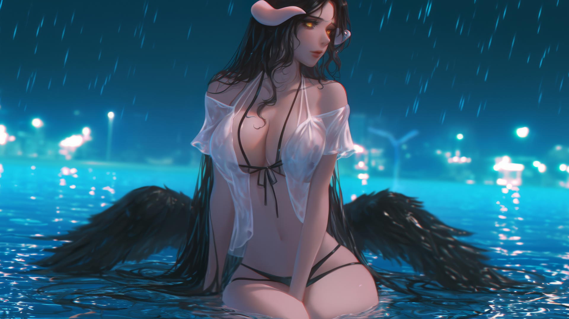 Albedo from Overlord in a rainy swimming pool with soft warm light, golden irises, and thick horns