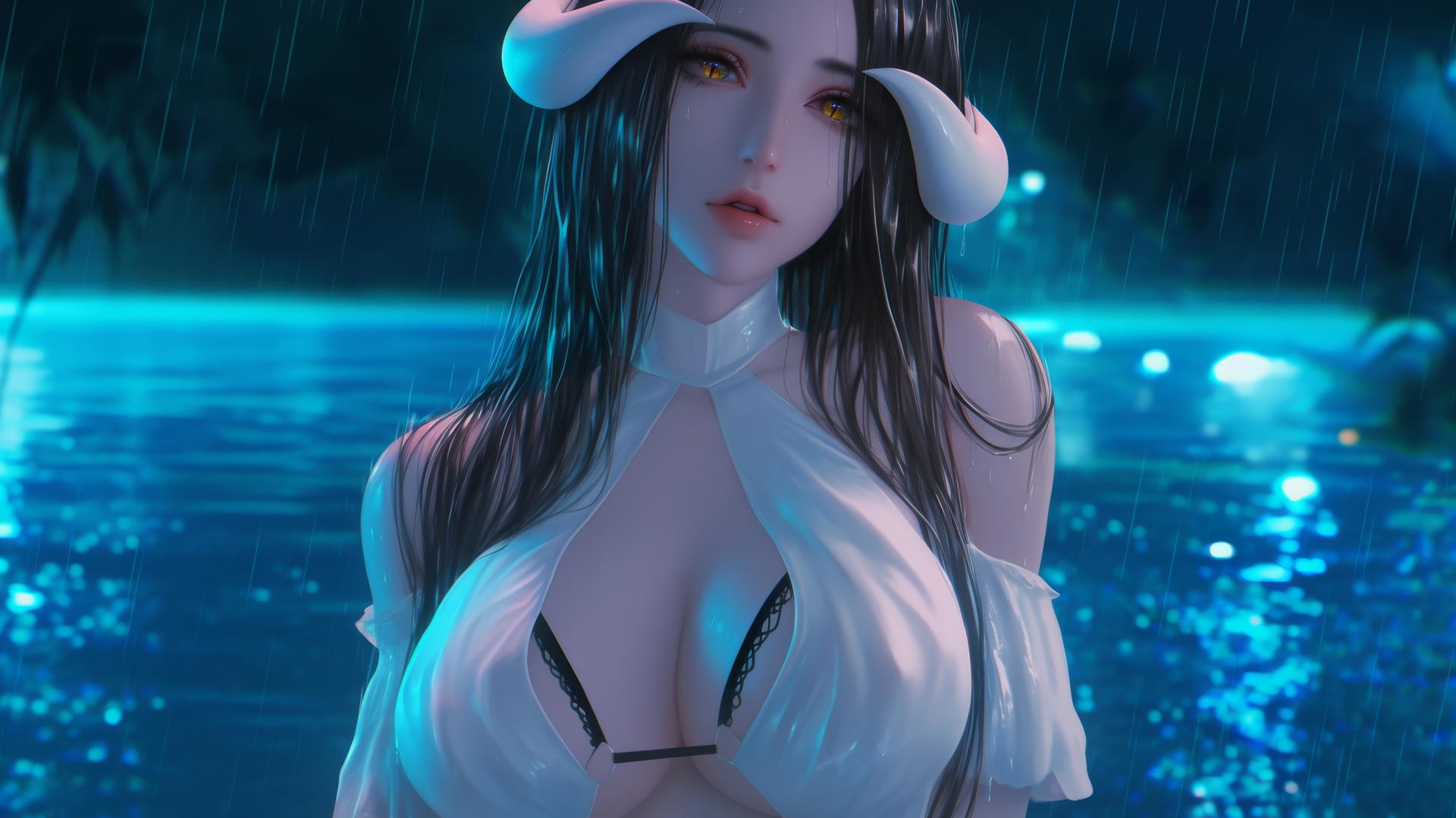 Albedo from Overlord at rainy swimming pool, warm light glow, golden irises, thick horns